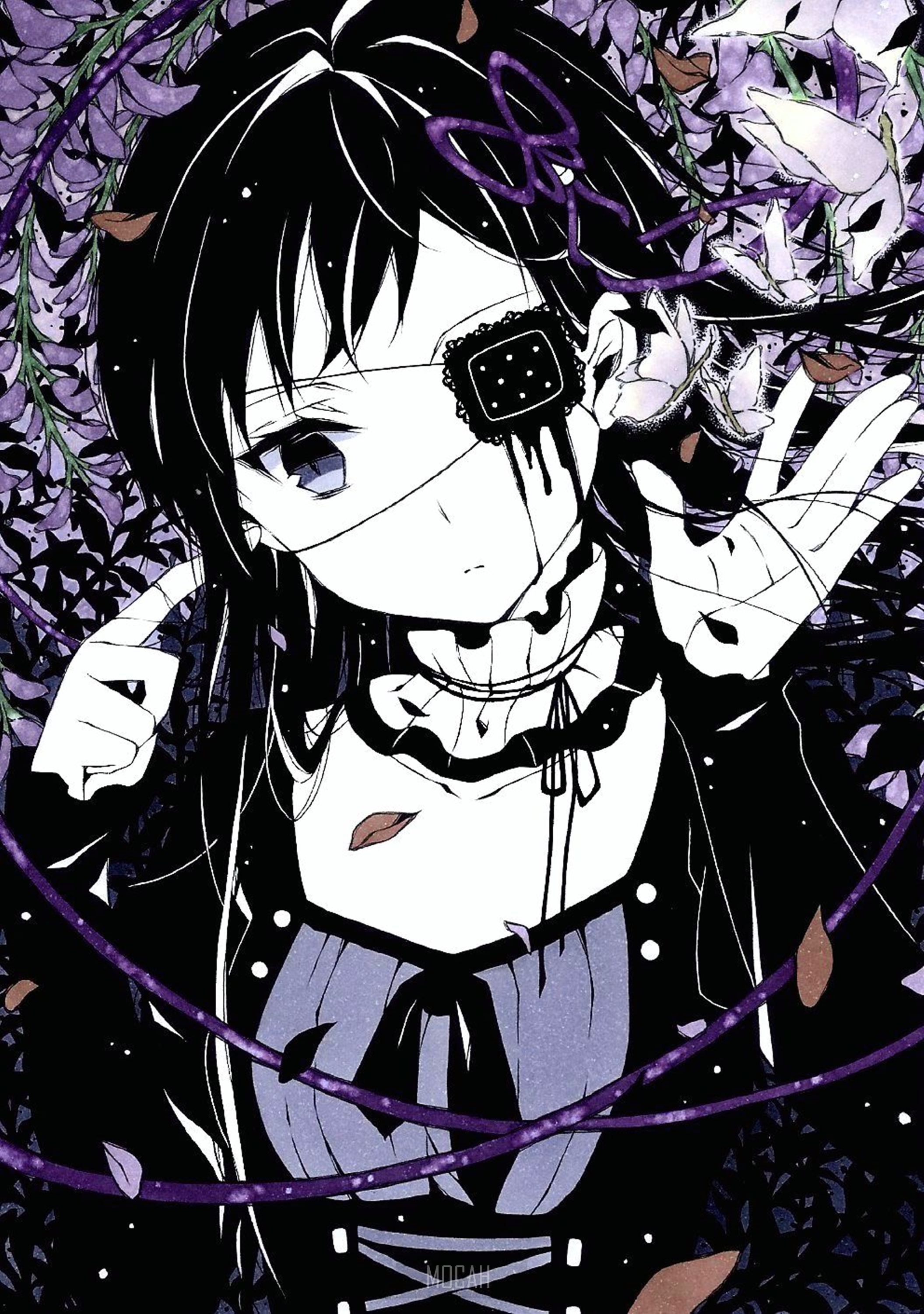 Anime girl with eyepatch and purple flowers HD Phone Wallpaper