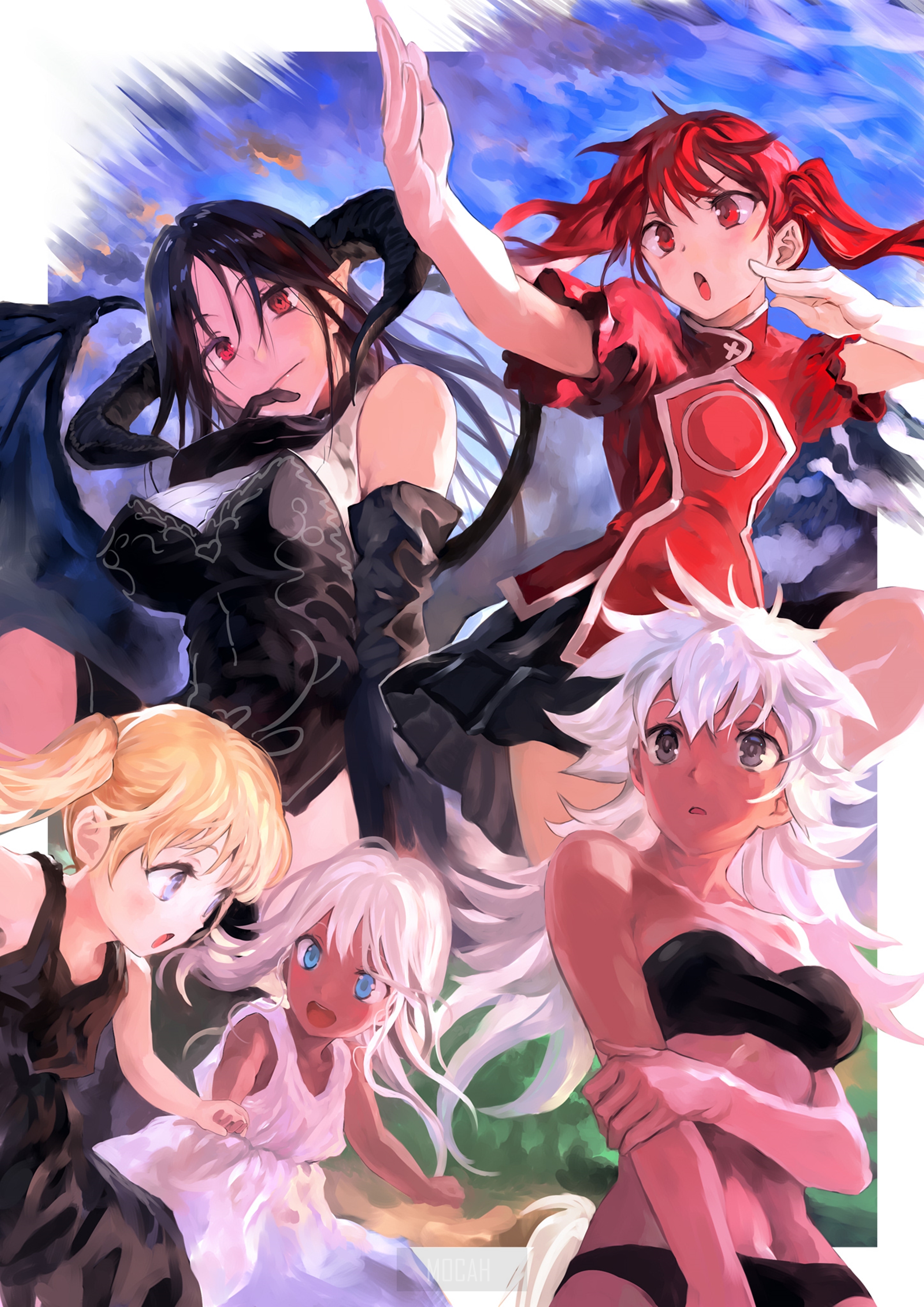 Anime girls with horns and red eyes HD Phone Wallpaper
