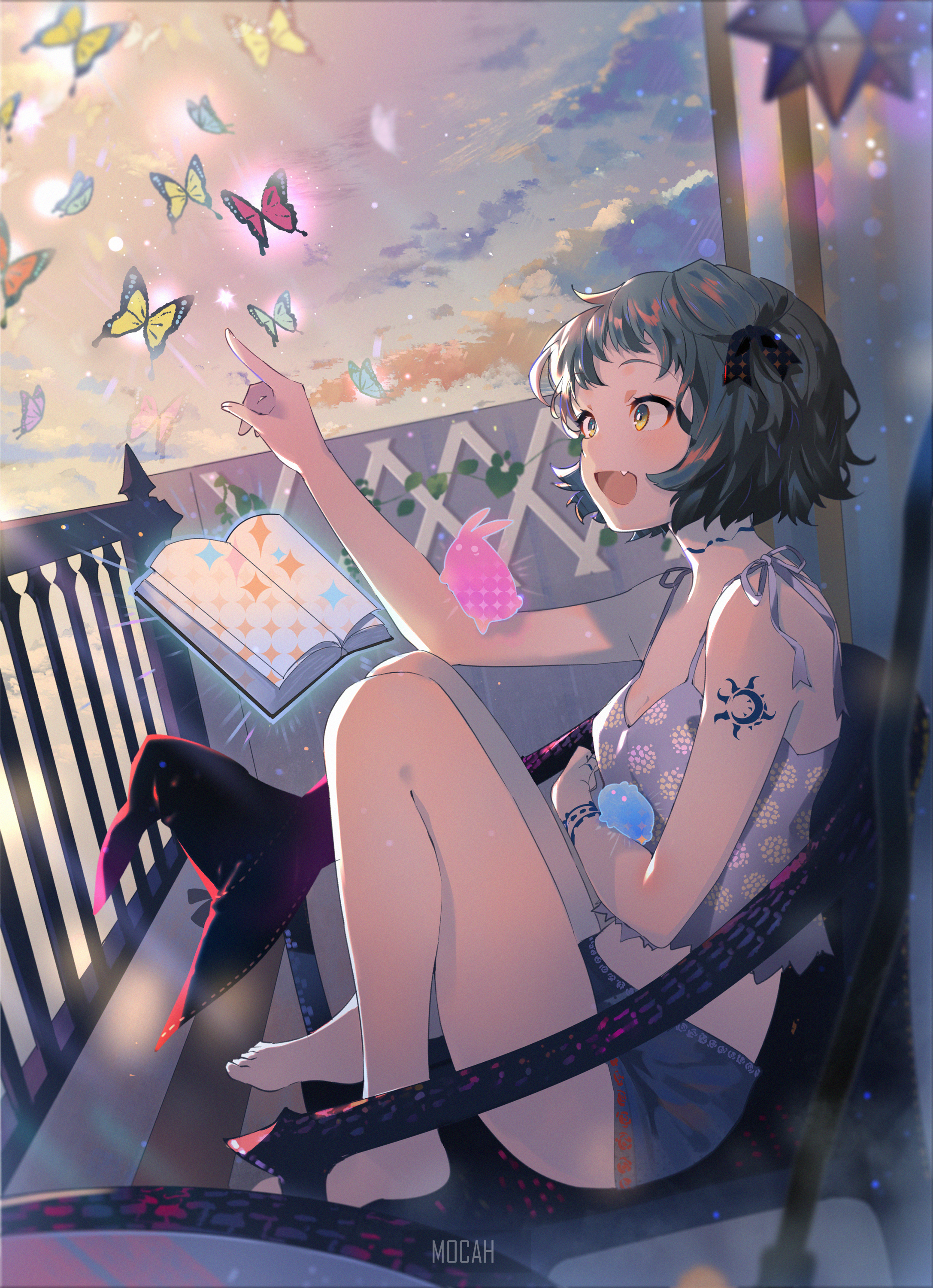 Anime girl with butterflies and magic book HD Phone Wallpaper