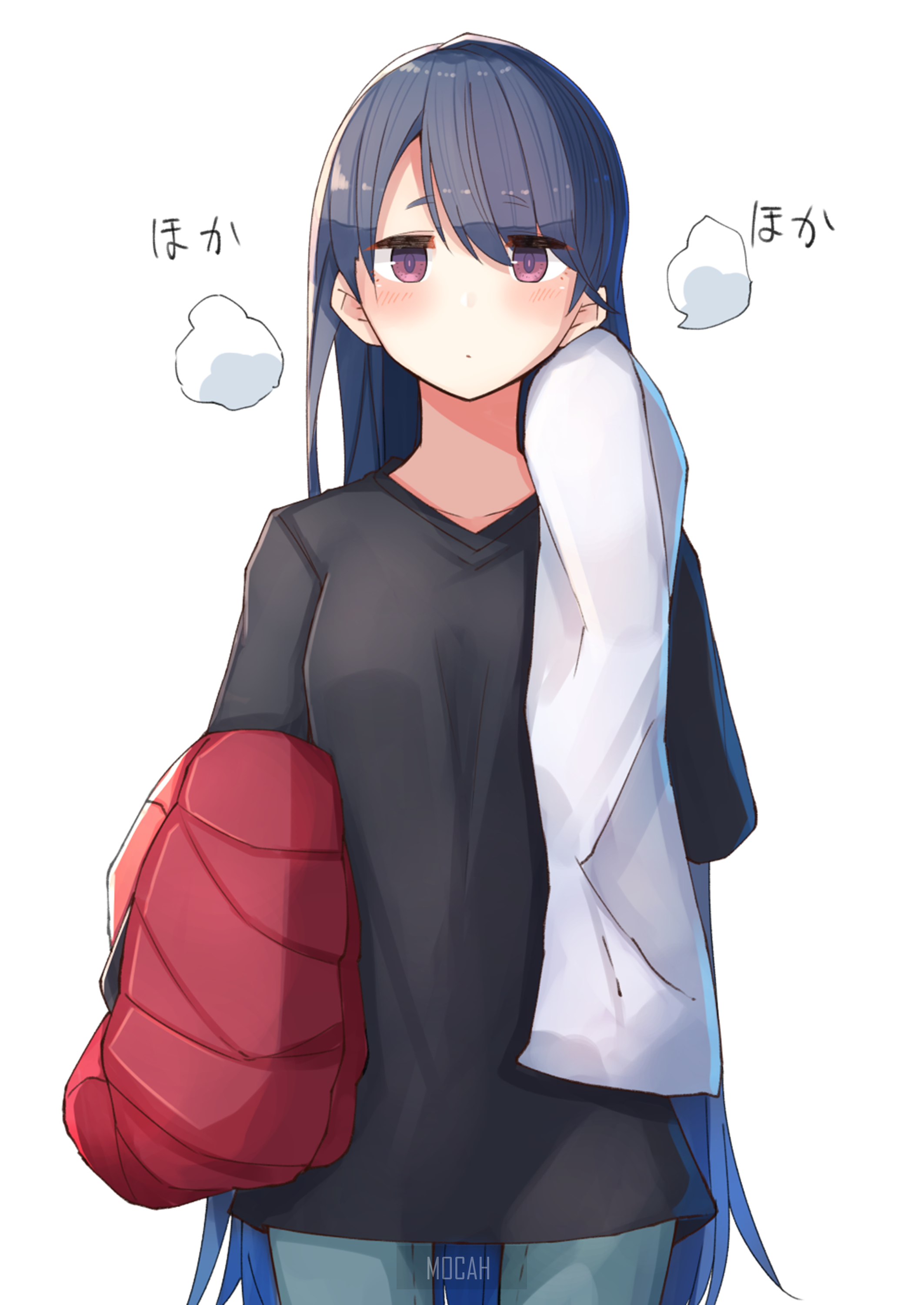 Anime girl with blue hair holding a towel HD Phone Wallpaper