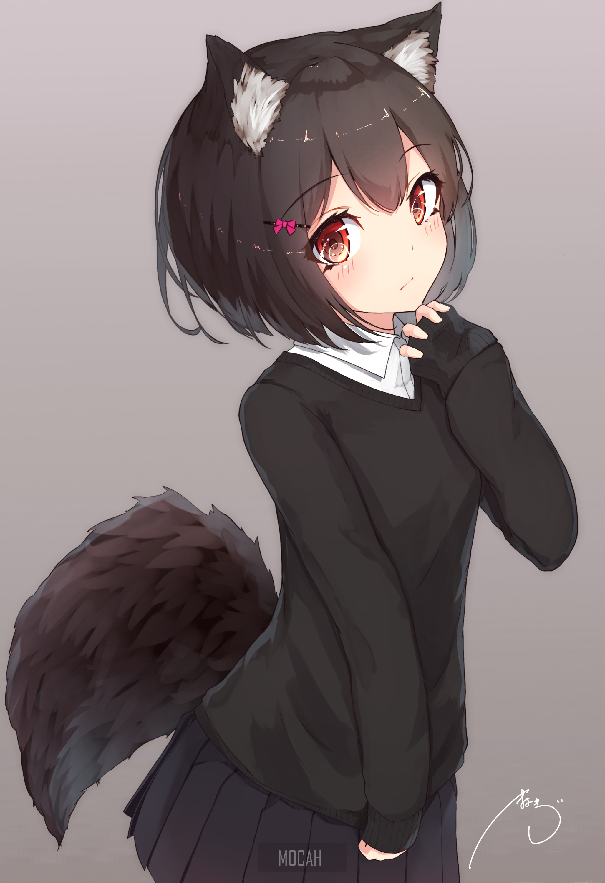 Anime girl with cat ears and tail HD Phone Wallpaper
