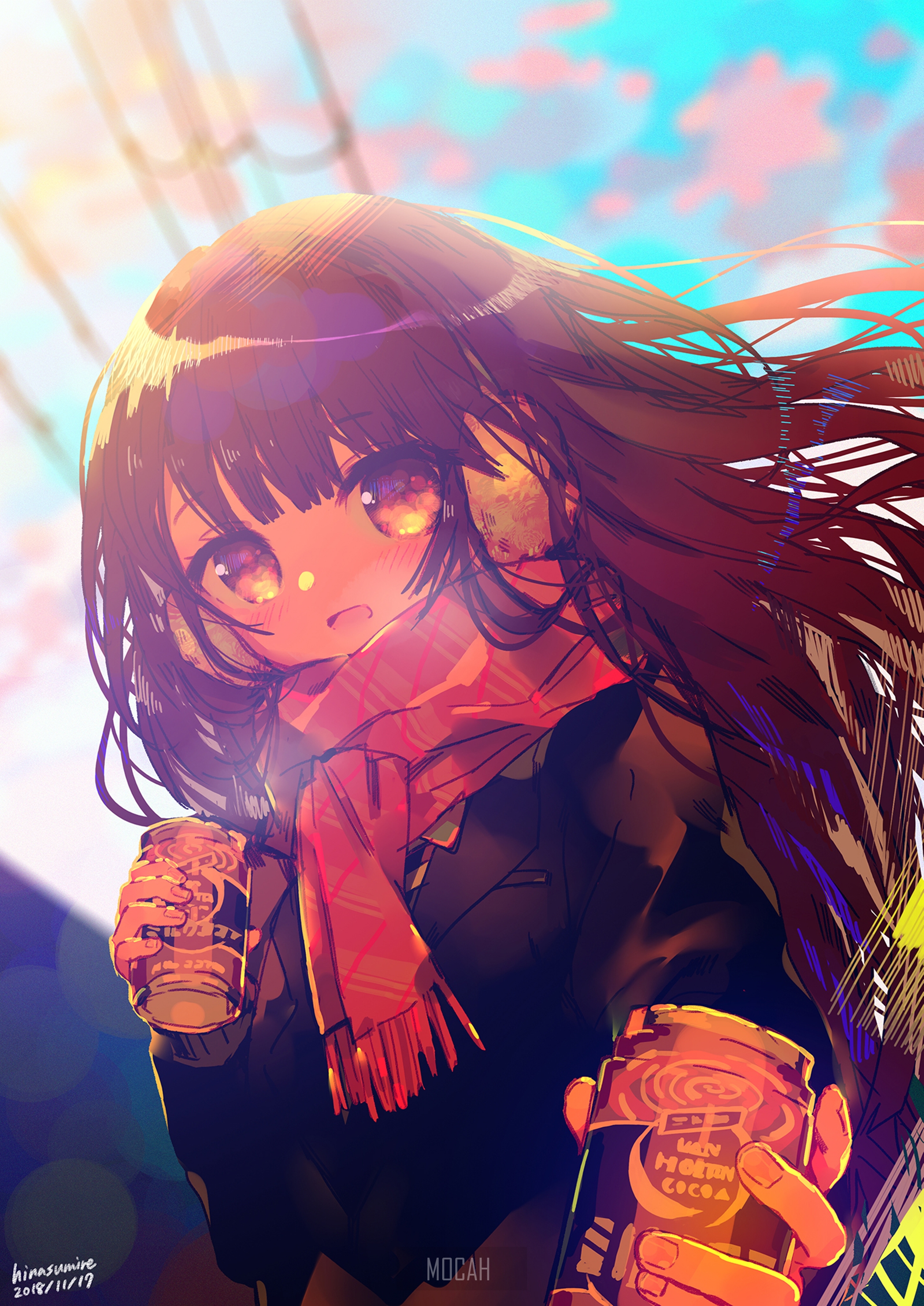 Anime girl with headphones and scarf holding cans HD Phone Wallpaper