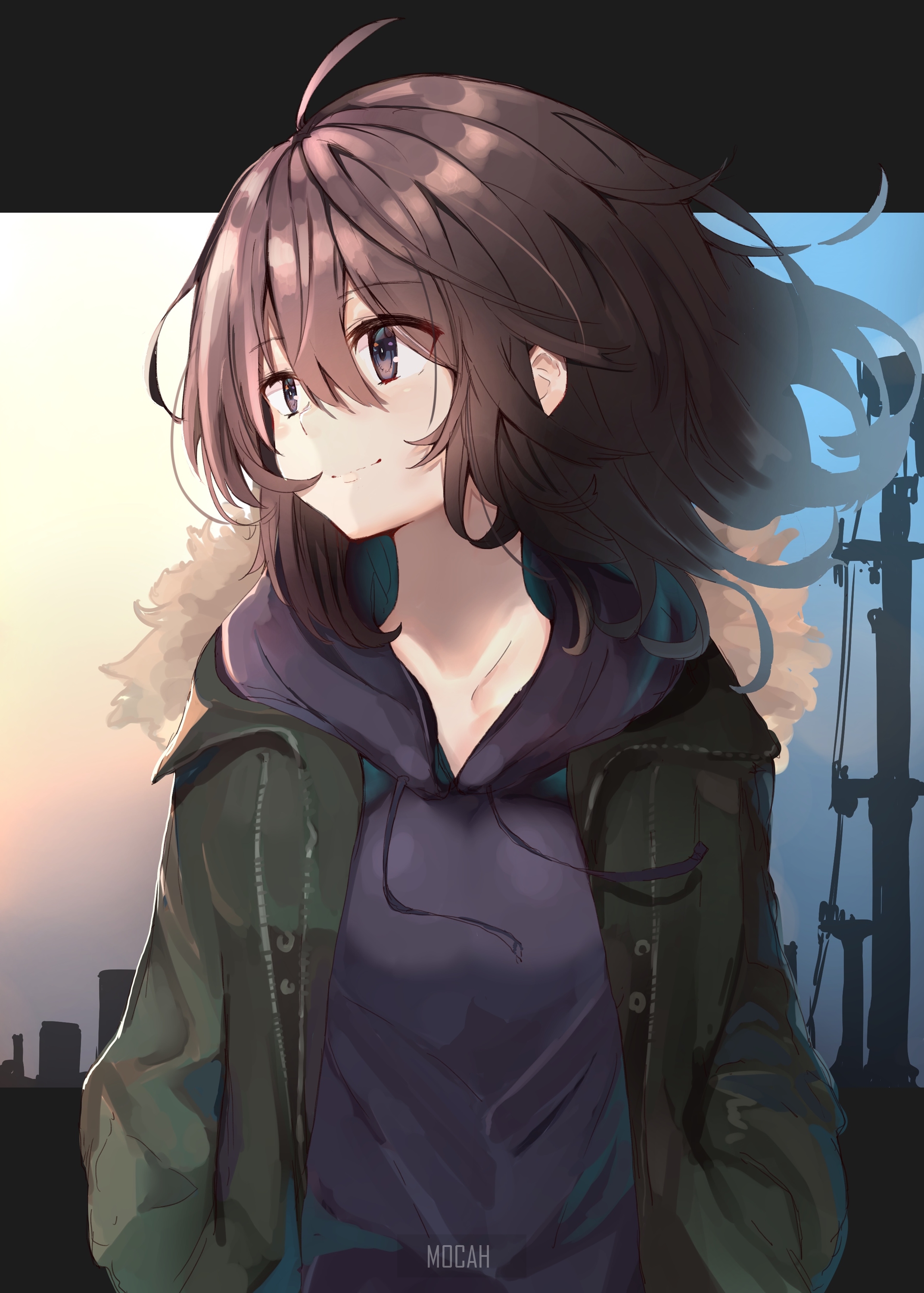 Anime girl with brown hair and jacket HD Phone Wallpaper