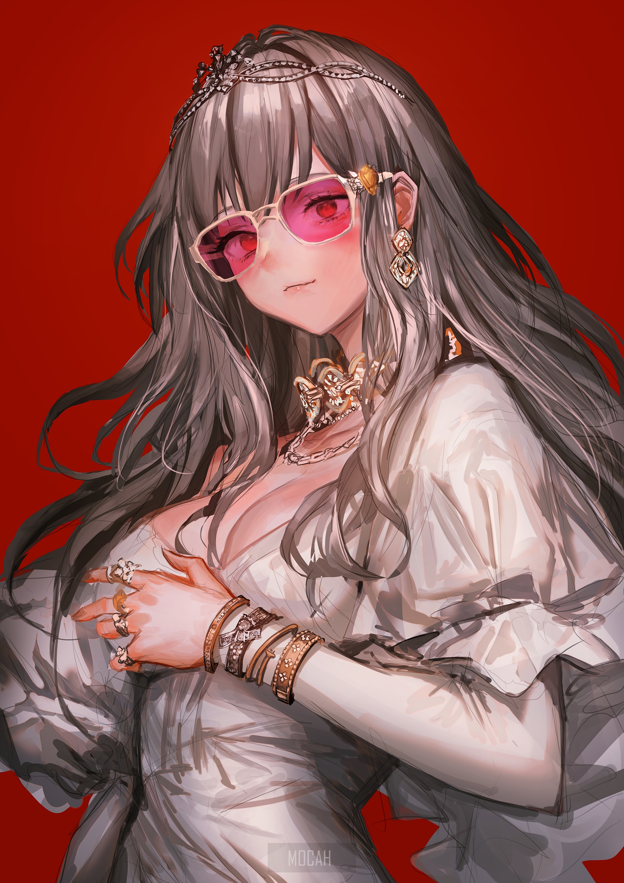 Anime girl with sunglasses and jewelry HD Phone Wallpaper