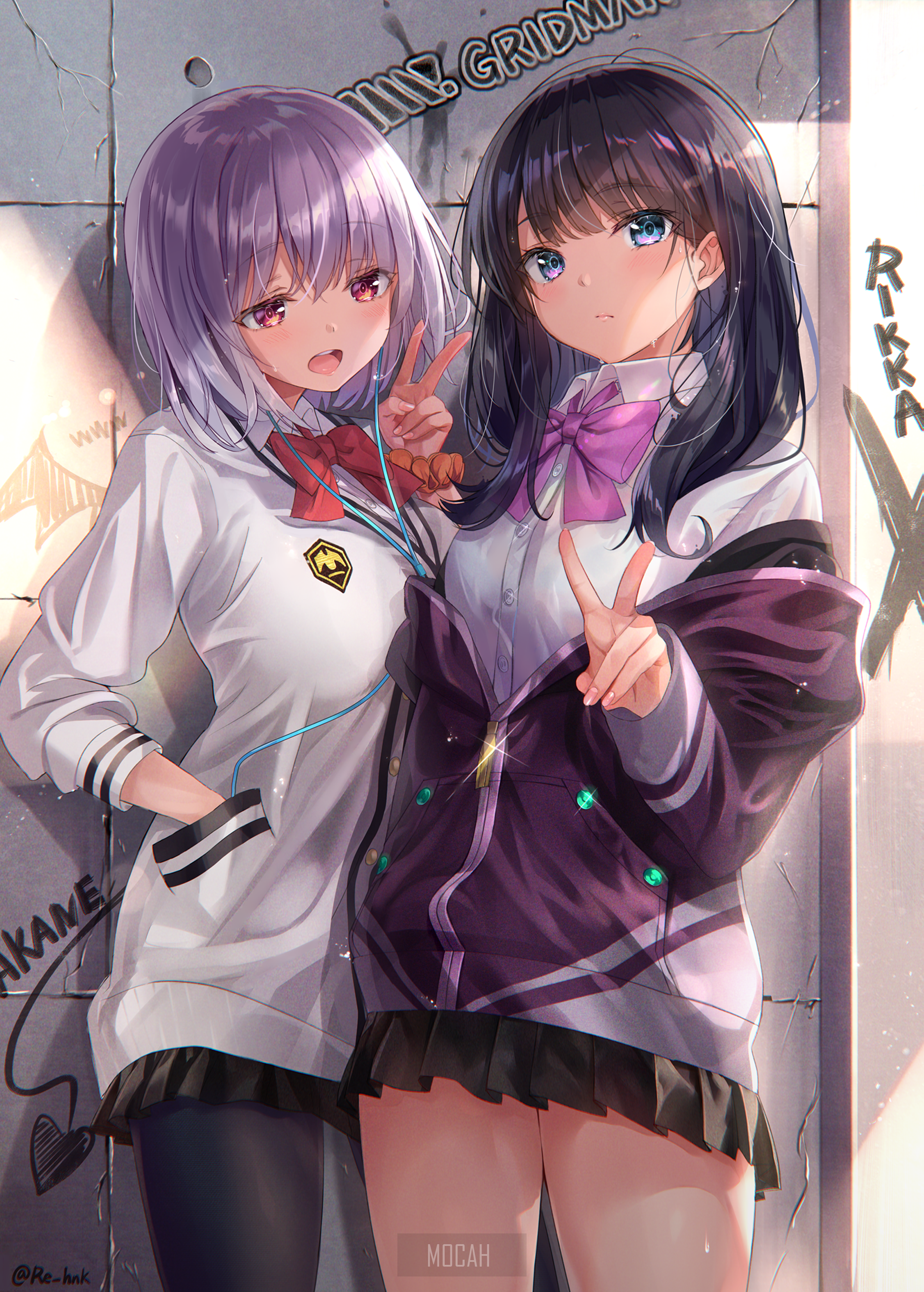 Two anime girls with purple and dark hair posing HD Phone Wallpaper
