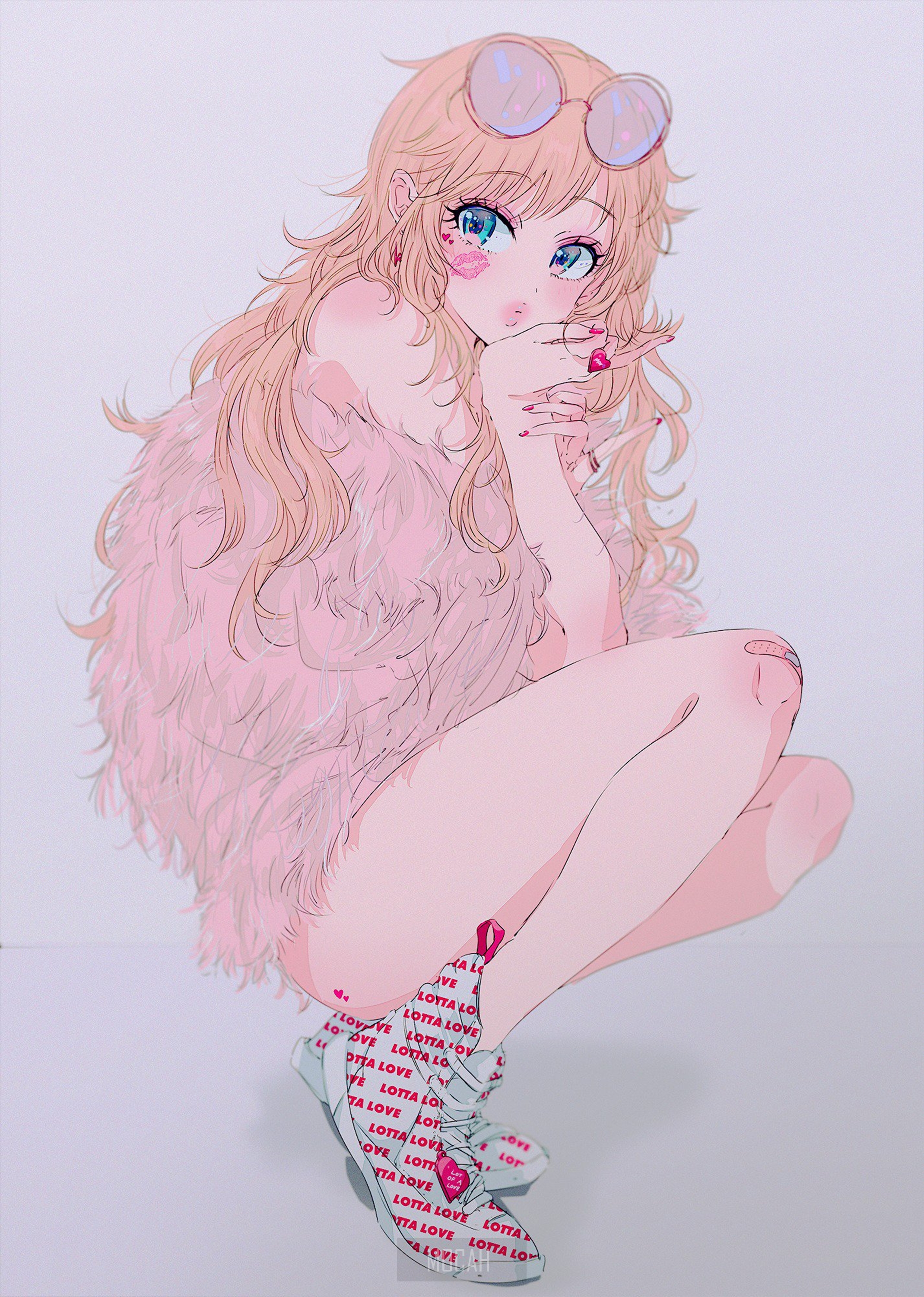 Anime girl with pink fur coat and sunglasses HD Phone Wallpaper