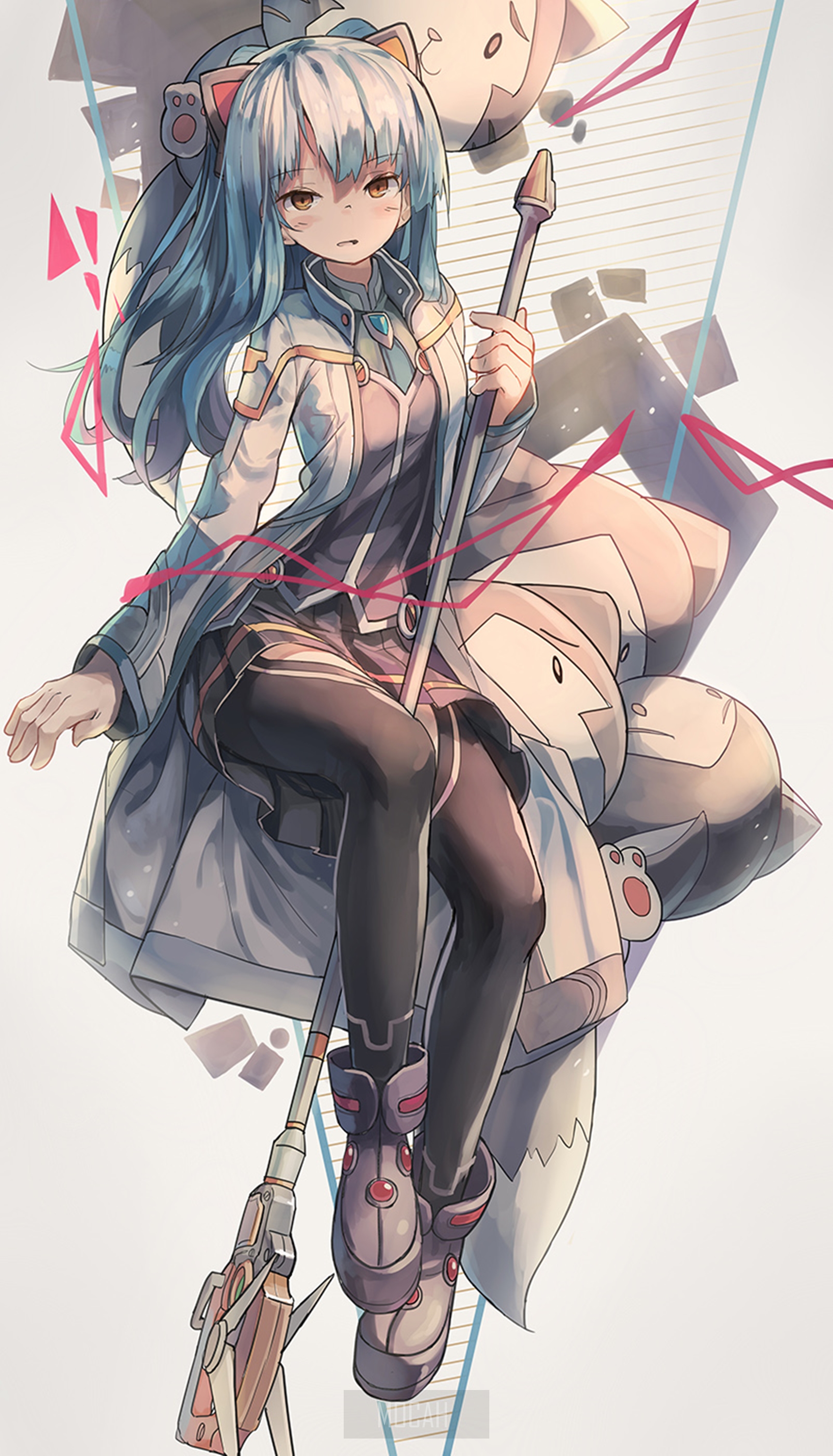 Anime girl with blue hair and cat ears holding a staff HD Phone Wallpaper