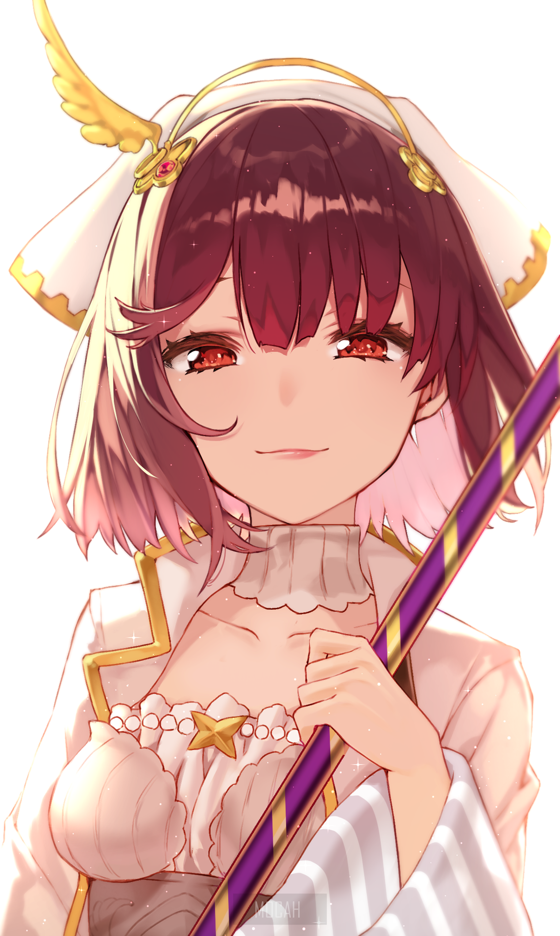 Anime girl with red eyes and red hair holding a staff HD Phone Wallpaper