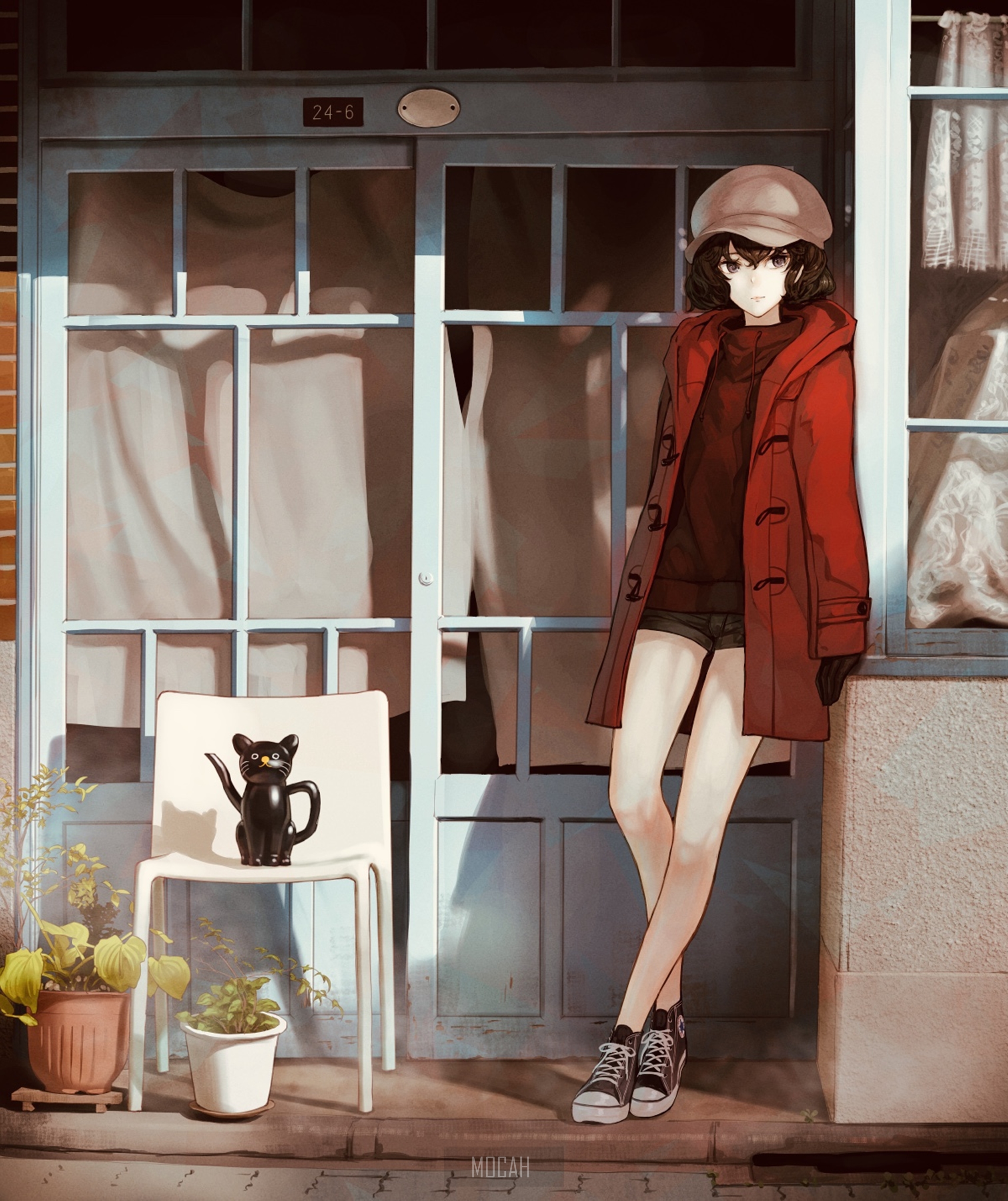 Urban Anime Girl with Black Cat and Hat HD Phone Wallpaper