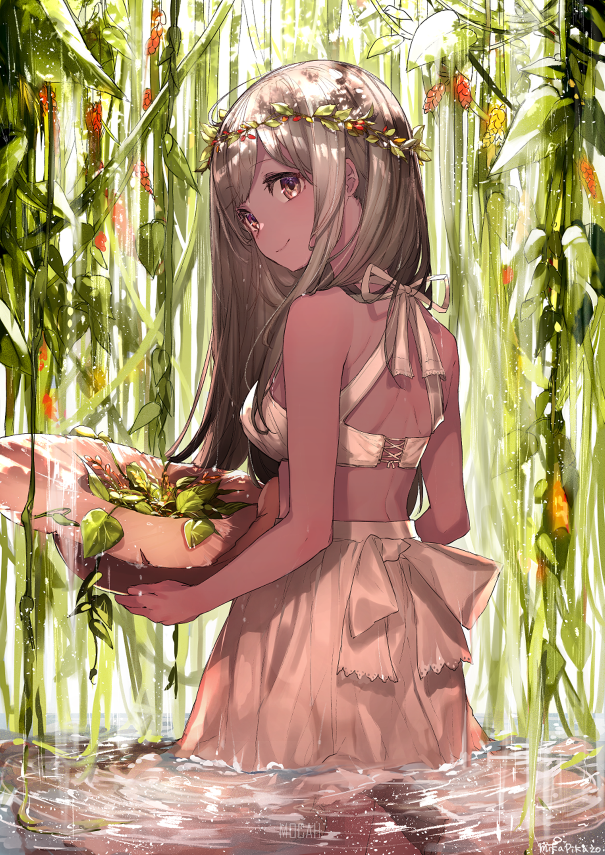 Anime girl with flower crown holding plants in water HD Phone Wallpaper