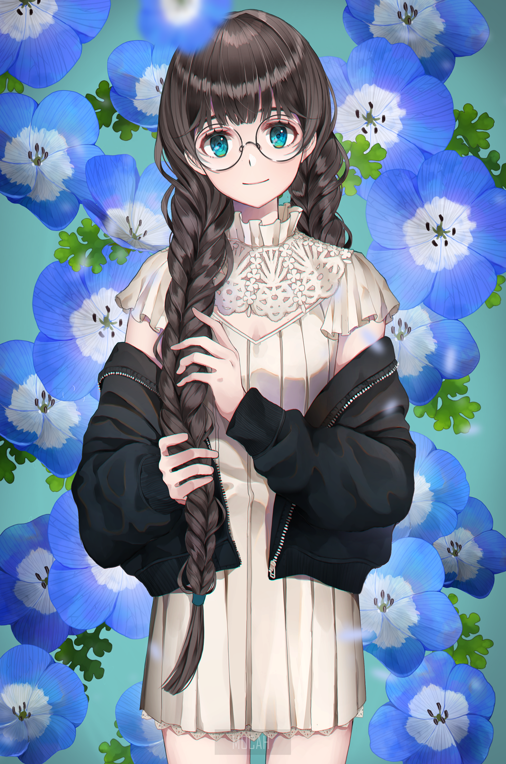 Anime girl with glasses and braided hair among blue flowers HD Phone Wallpaper