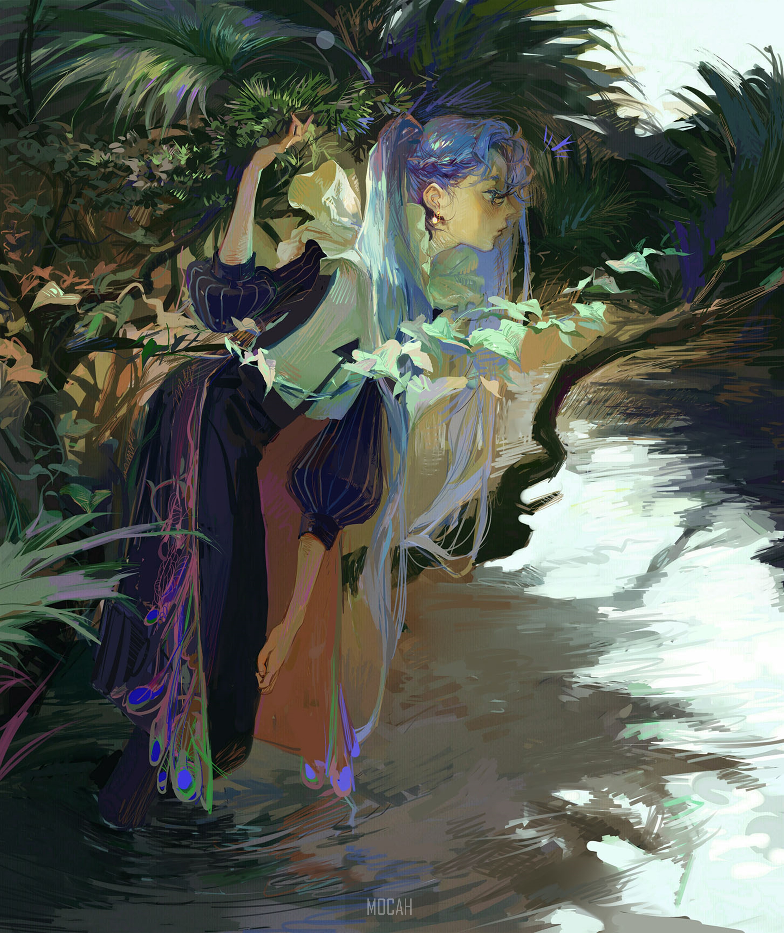 Anime girl with blue hair in a forest by water HD Phone Wallpaper