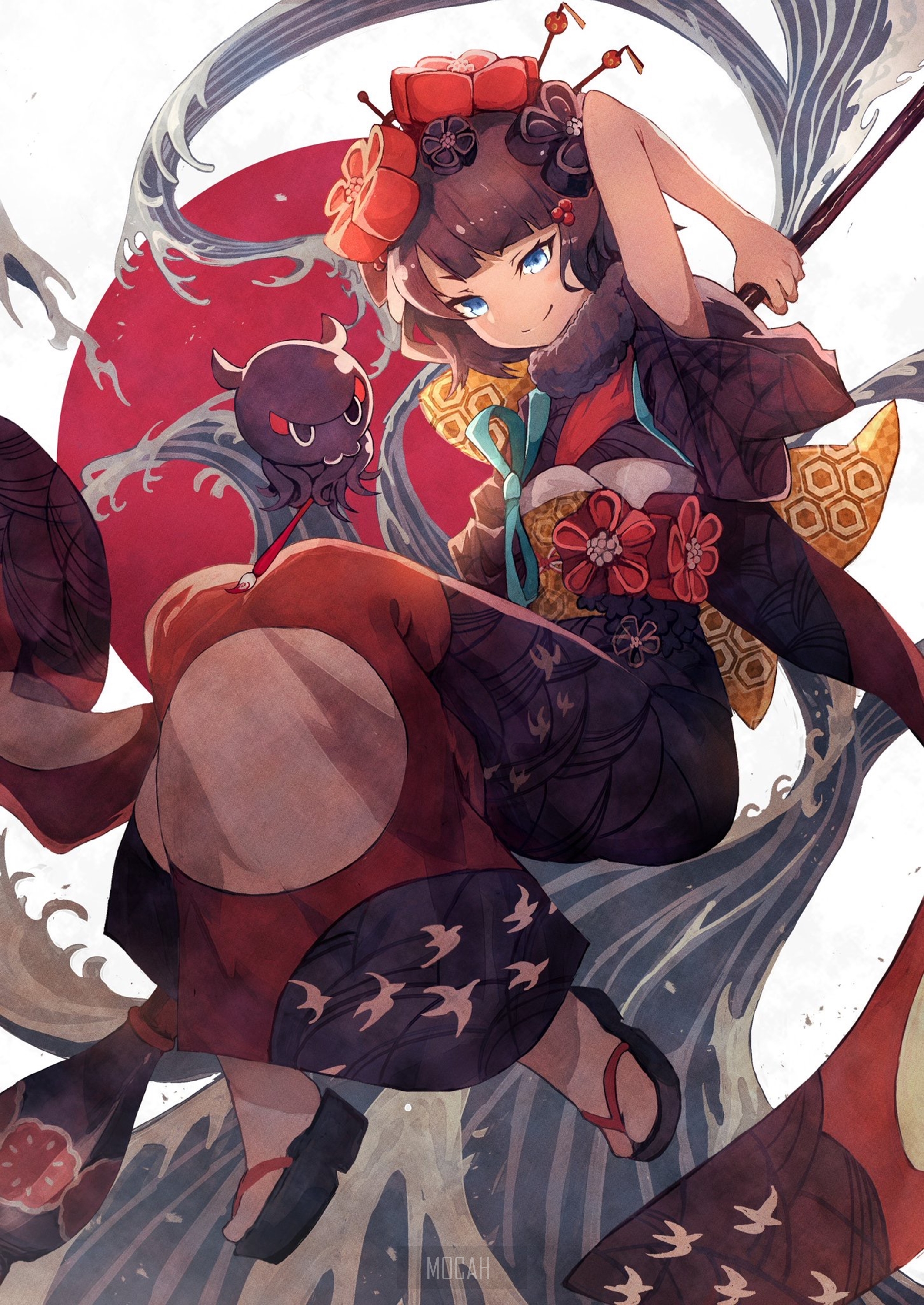 Anime girl with octopus companion and Japanese wave motif HD Phone Wallpaper