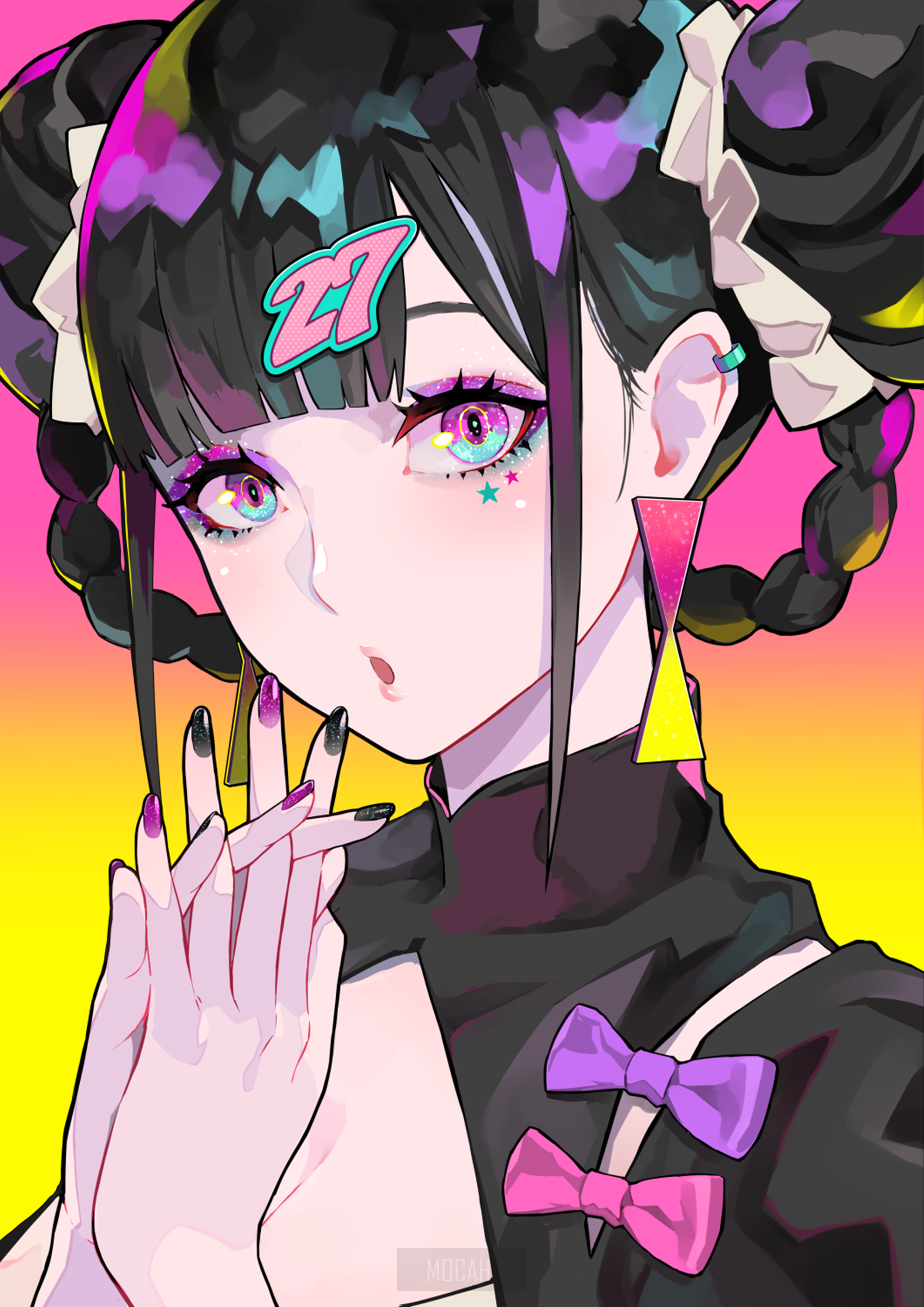 Anime girl with colorful makeup and hair accessories HD Phone Wallpaper