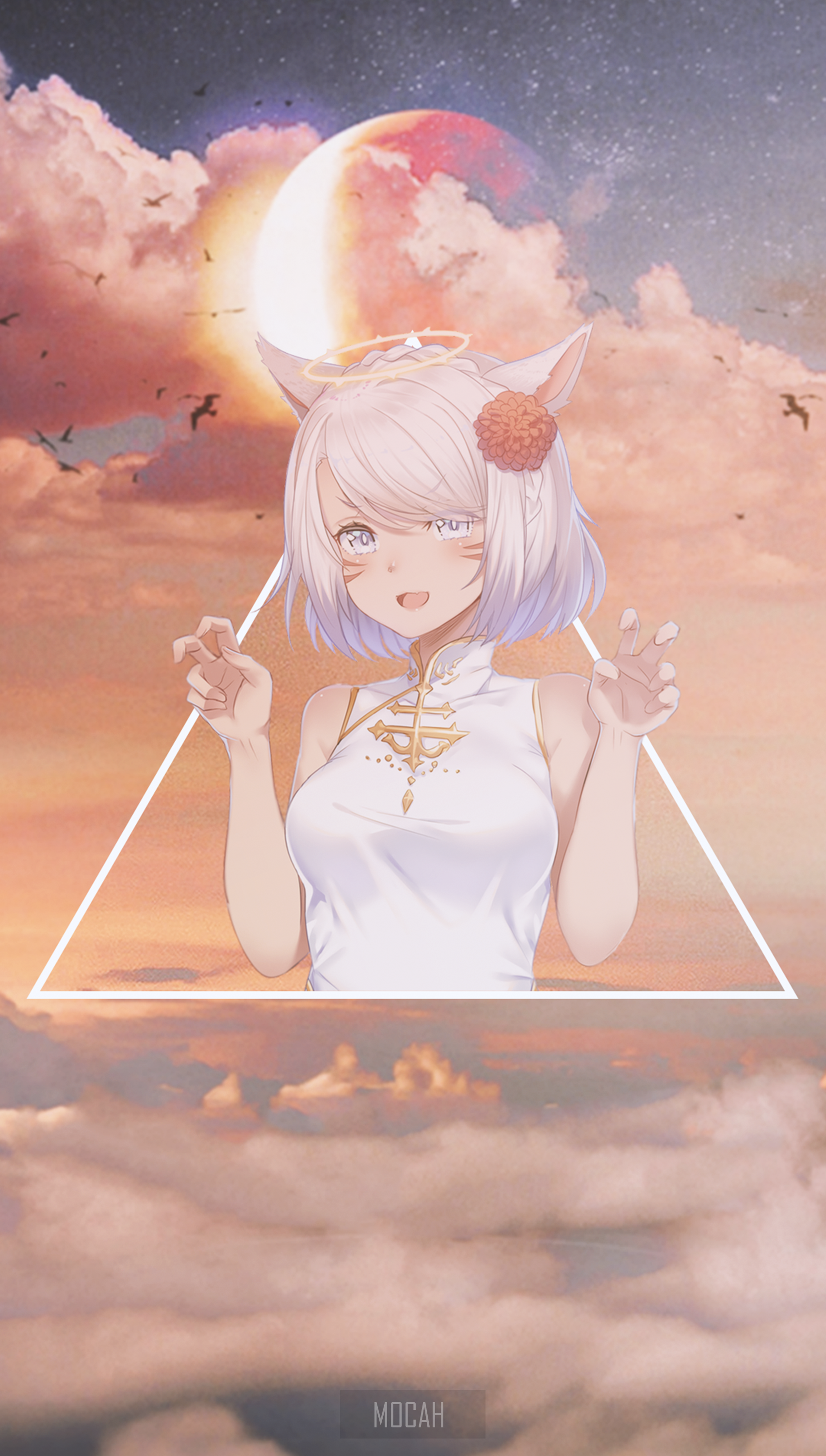 Anime cat girl in white dress against sky background HD Phone Wallpaper