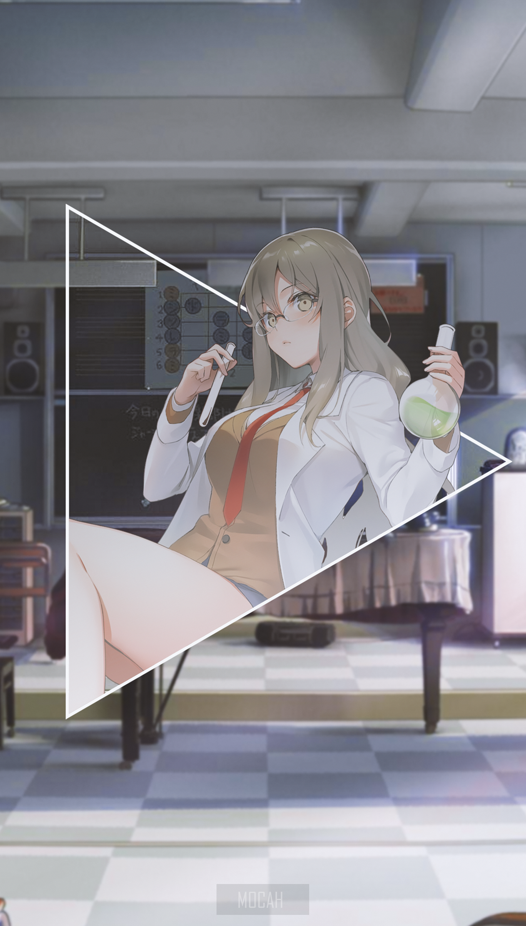 Anime girl in lab coat holding test tubes HD Phone Wallpaper