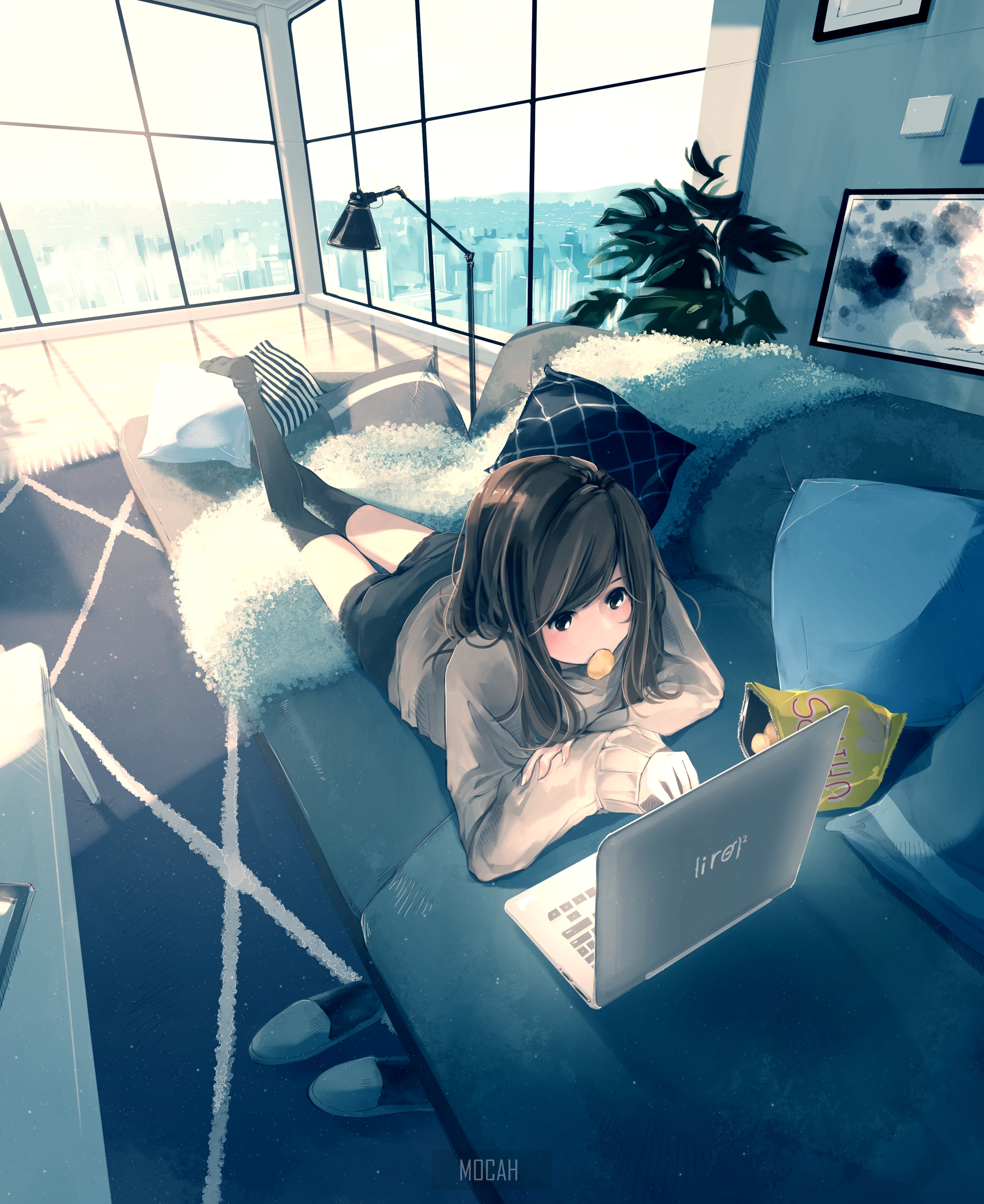 Anime girl with dark hair using a laptop on a couch HD Phone Wallpaper