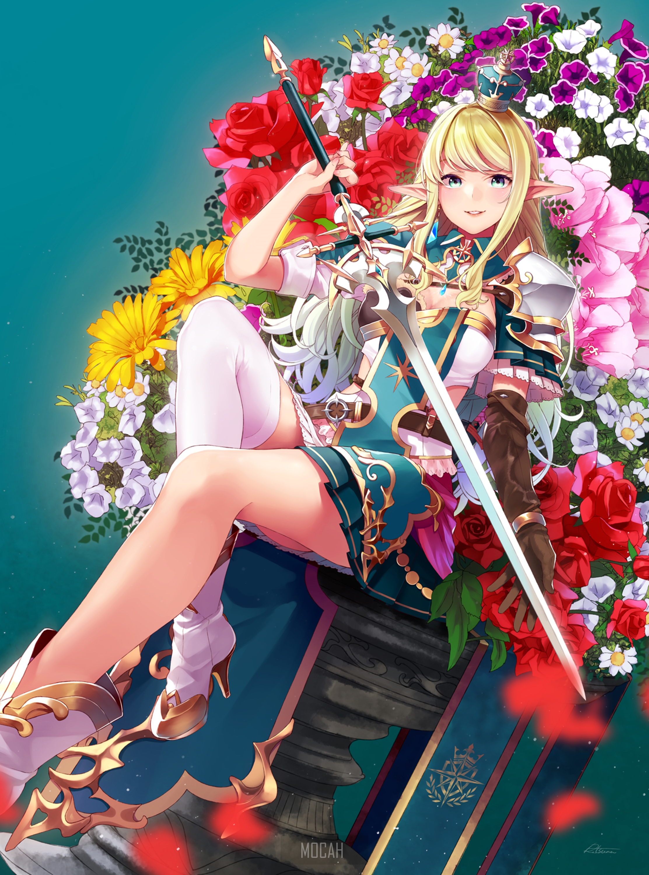 Anime elf girl with sword and flowers HD Phone Wallpaper
