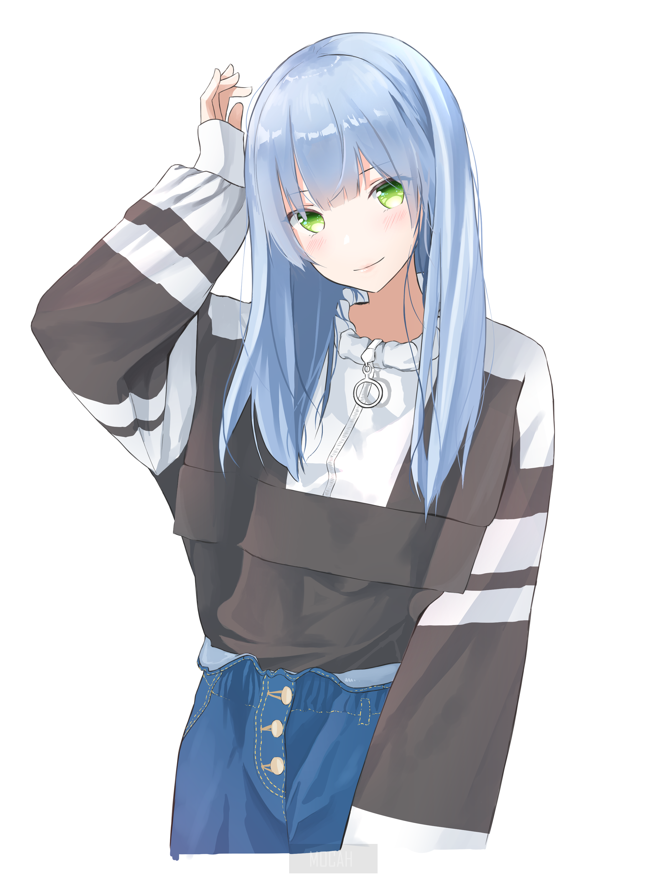 Anime girl with blue hair and green eyes HD Phone Wallpaper