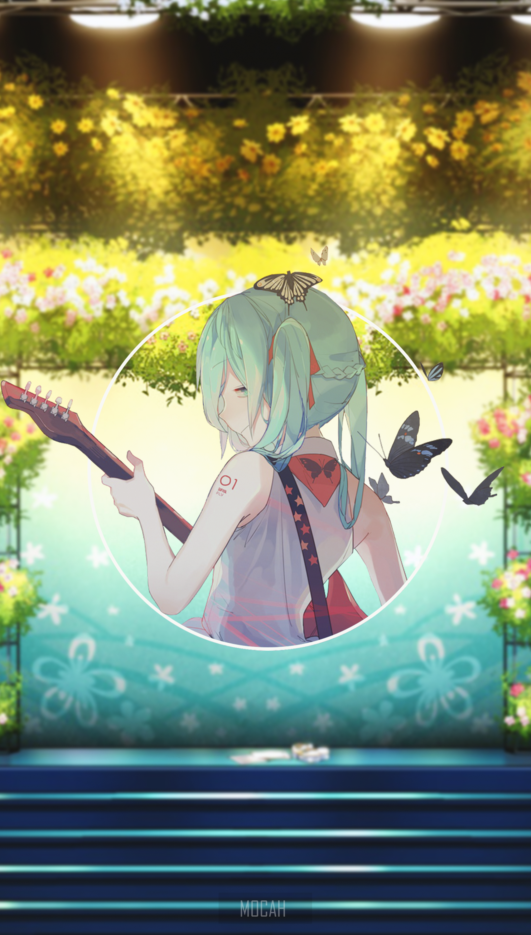 Anime girl with guitar and butterflies HD Phone Wallpaper