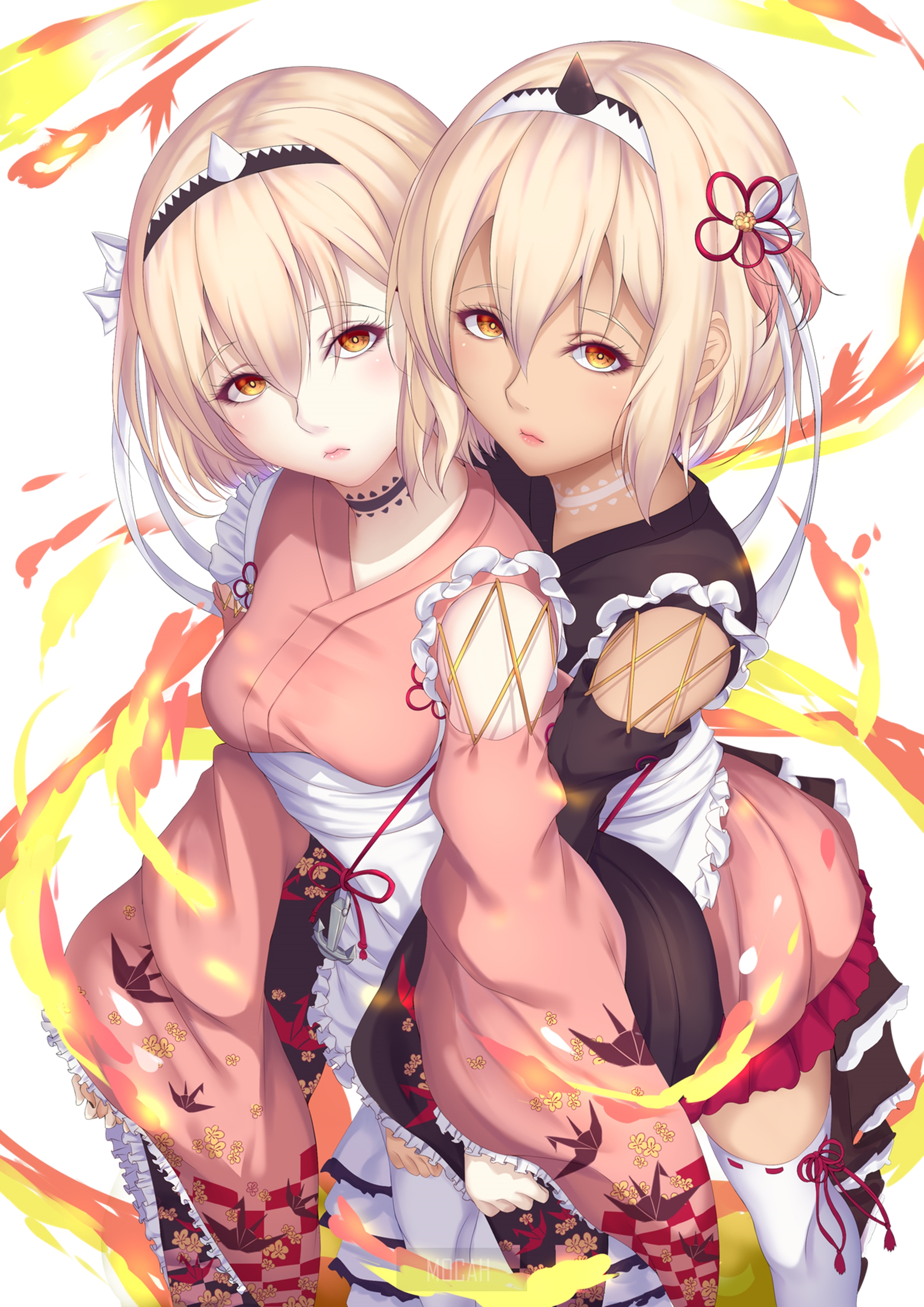 Two anime girls in maid outfits with fire effects HD Phone Wallpaper