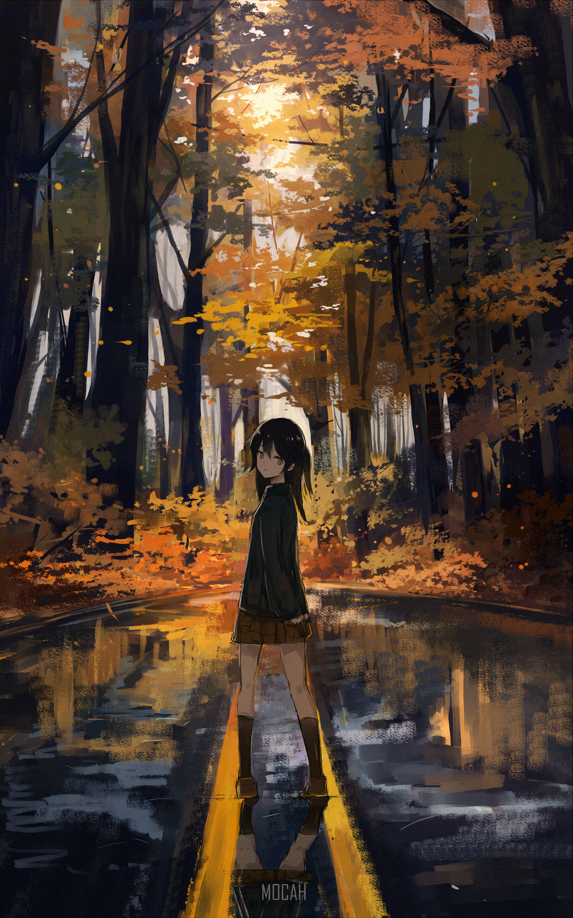 Anime girl in a forest with autumn trees HD Phone Wallpaper
