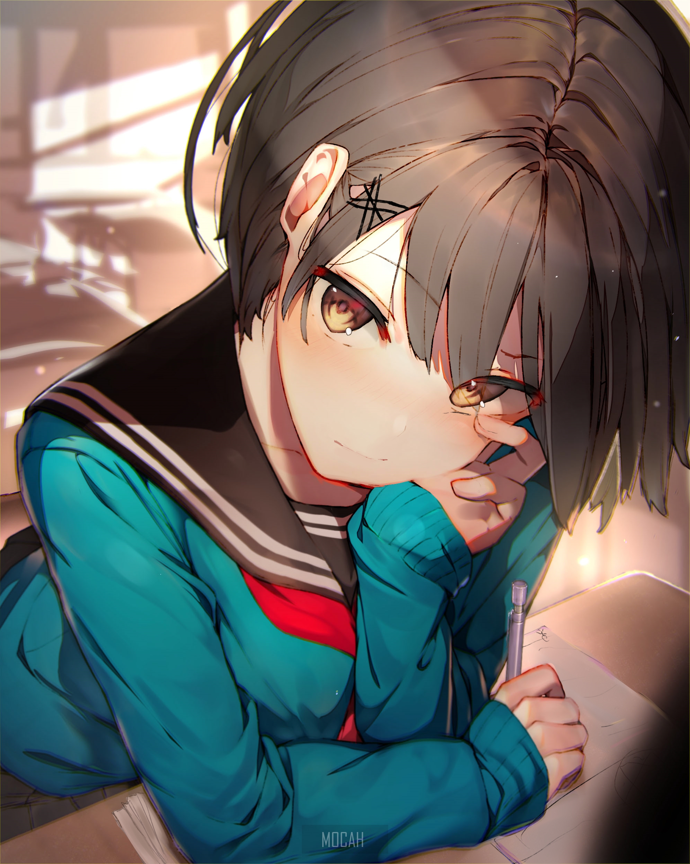 Anime girl with glasses studying HD Phone Wallpaper