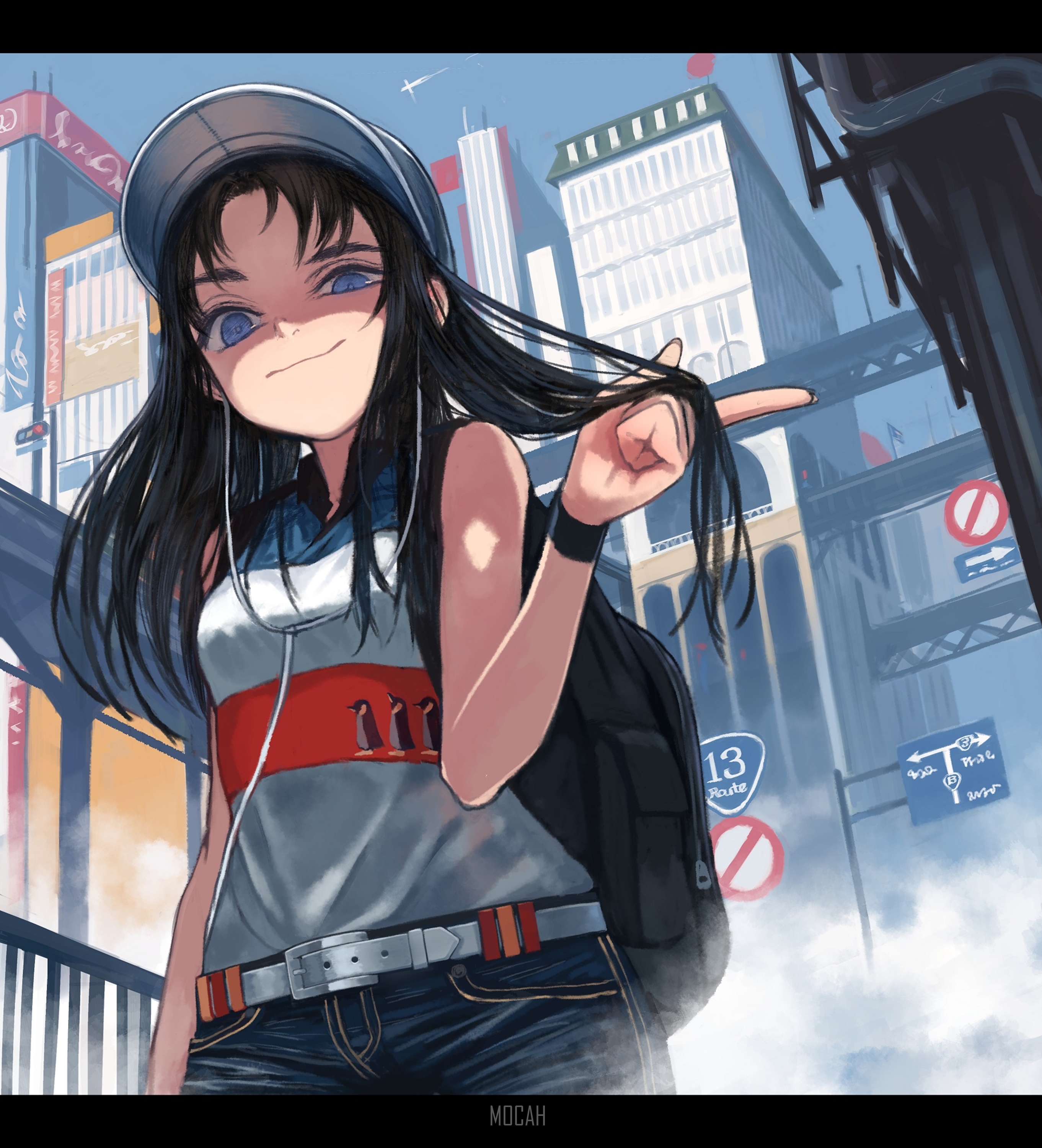 Anime girl with dark hair and blue eyes in a city HD Phone Wallpaper