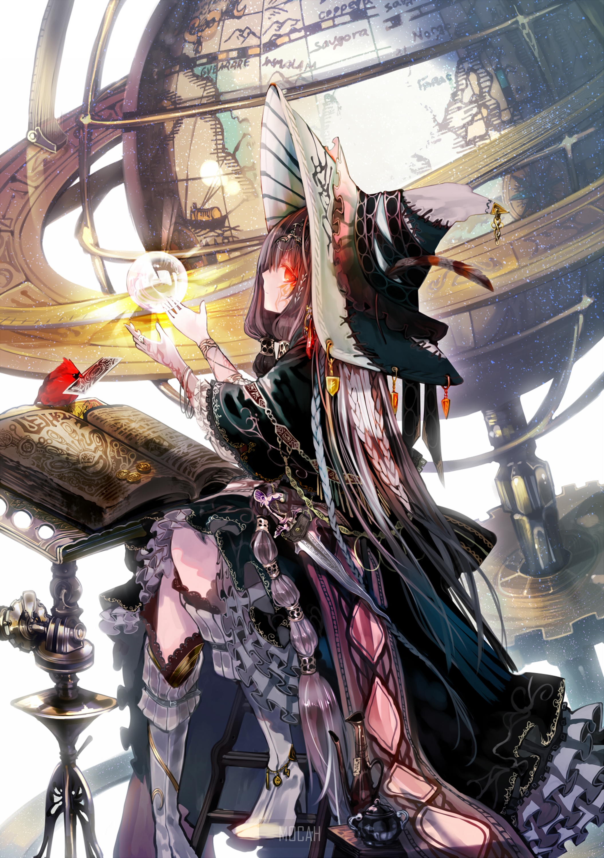 Anime Girl Witch with Red Eyes and Magic Orb HD Phone Wallpaper