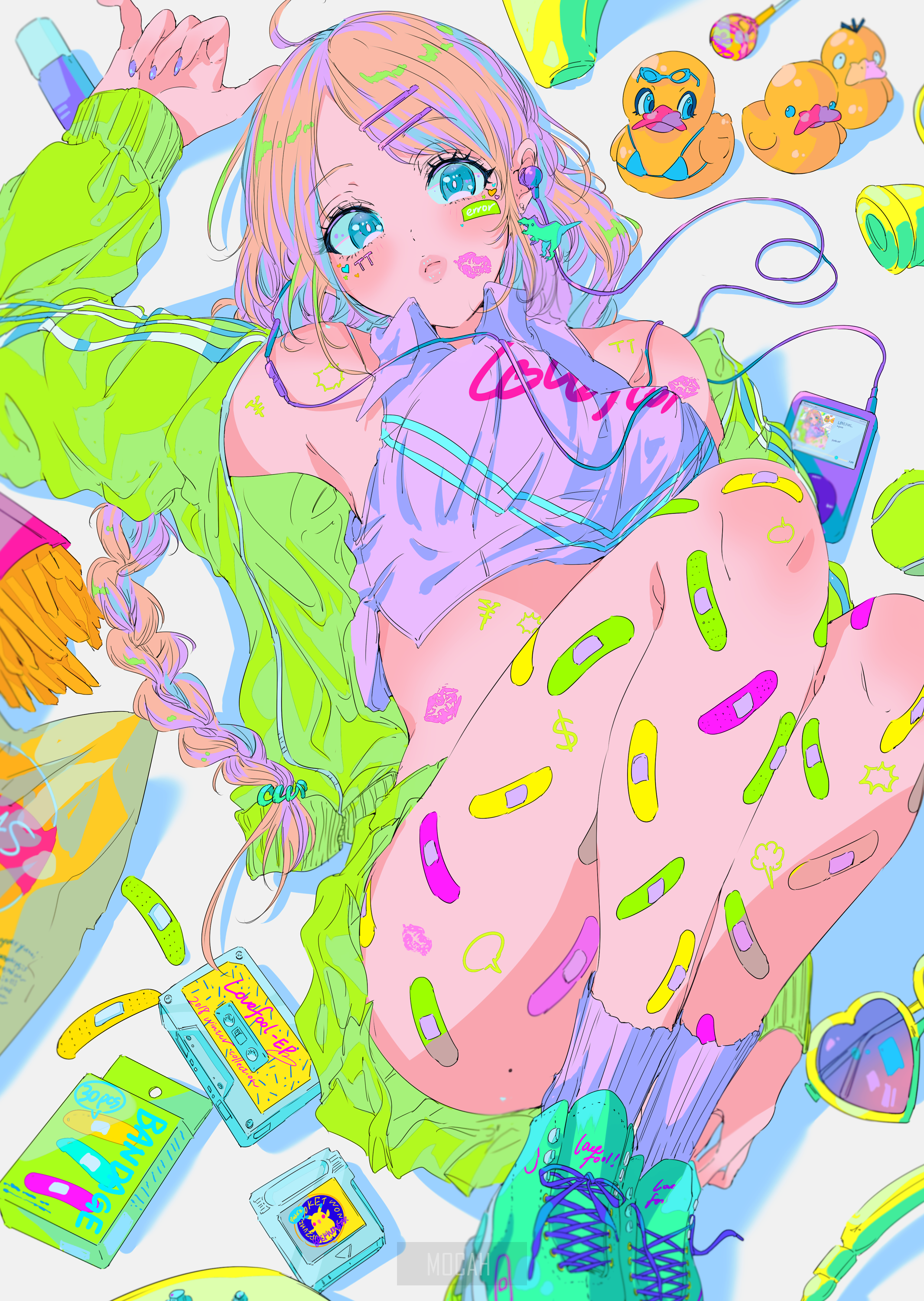Anime girl with colorful accessories and band-aids HD Phone Wallpaper