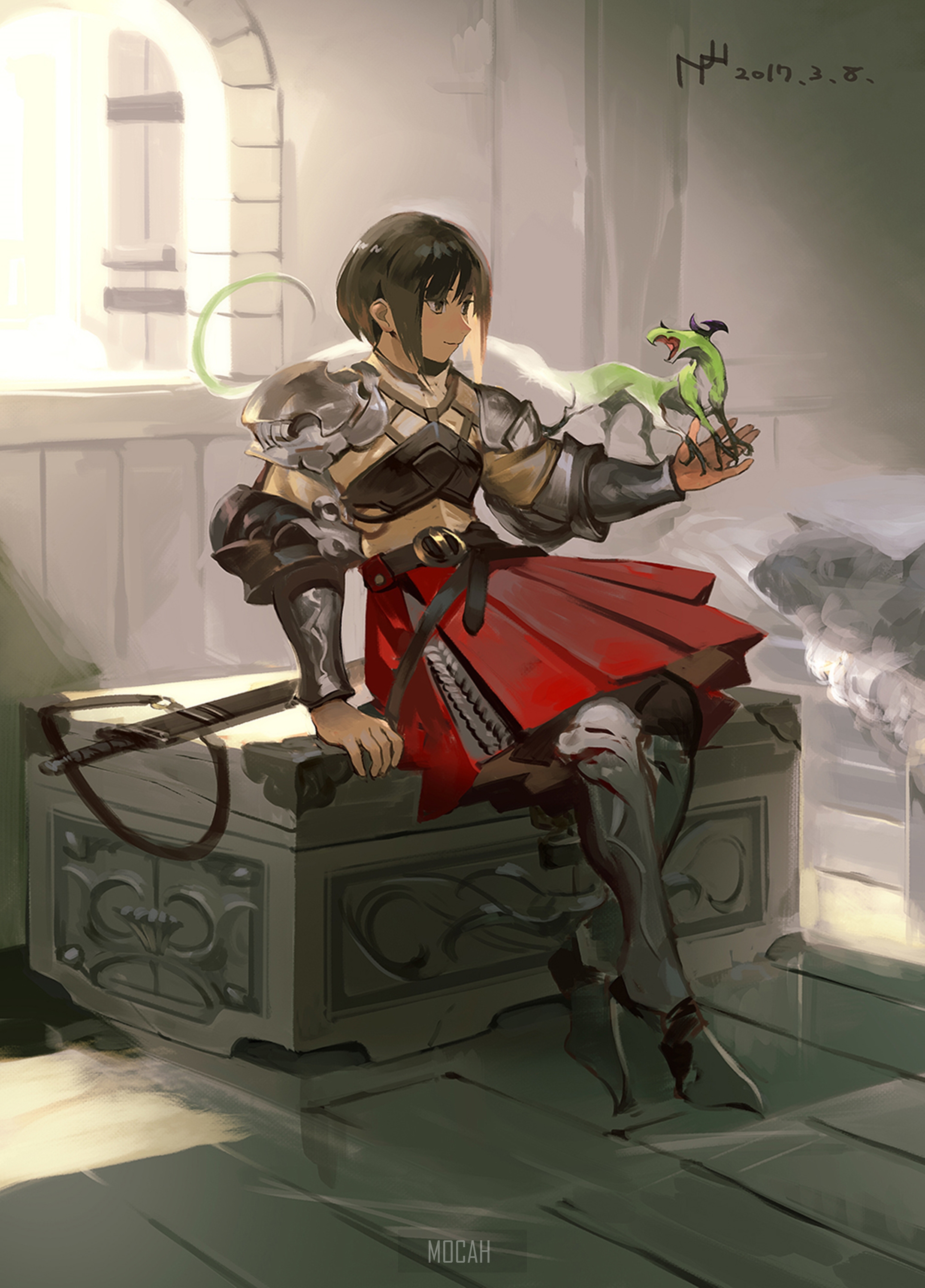 Anime girl in armor holding a dragon HD Phone Wallpaper