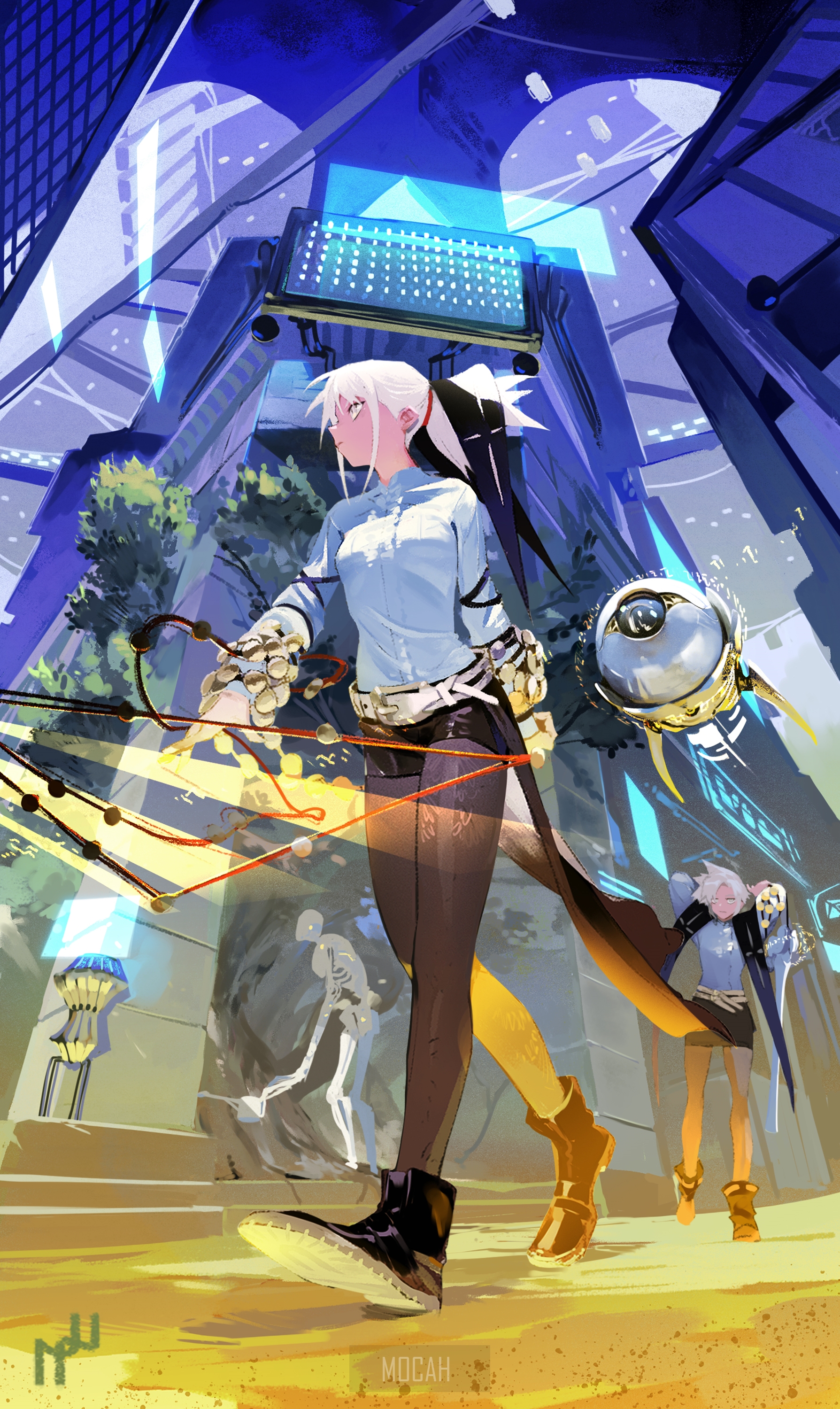 Anime girl with white hair in futuristic city HD Phone Wallpaper