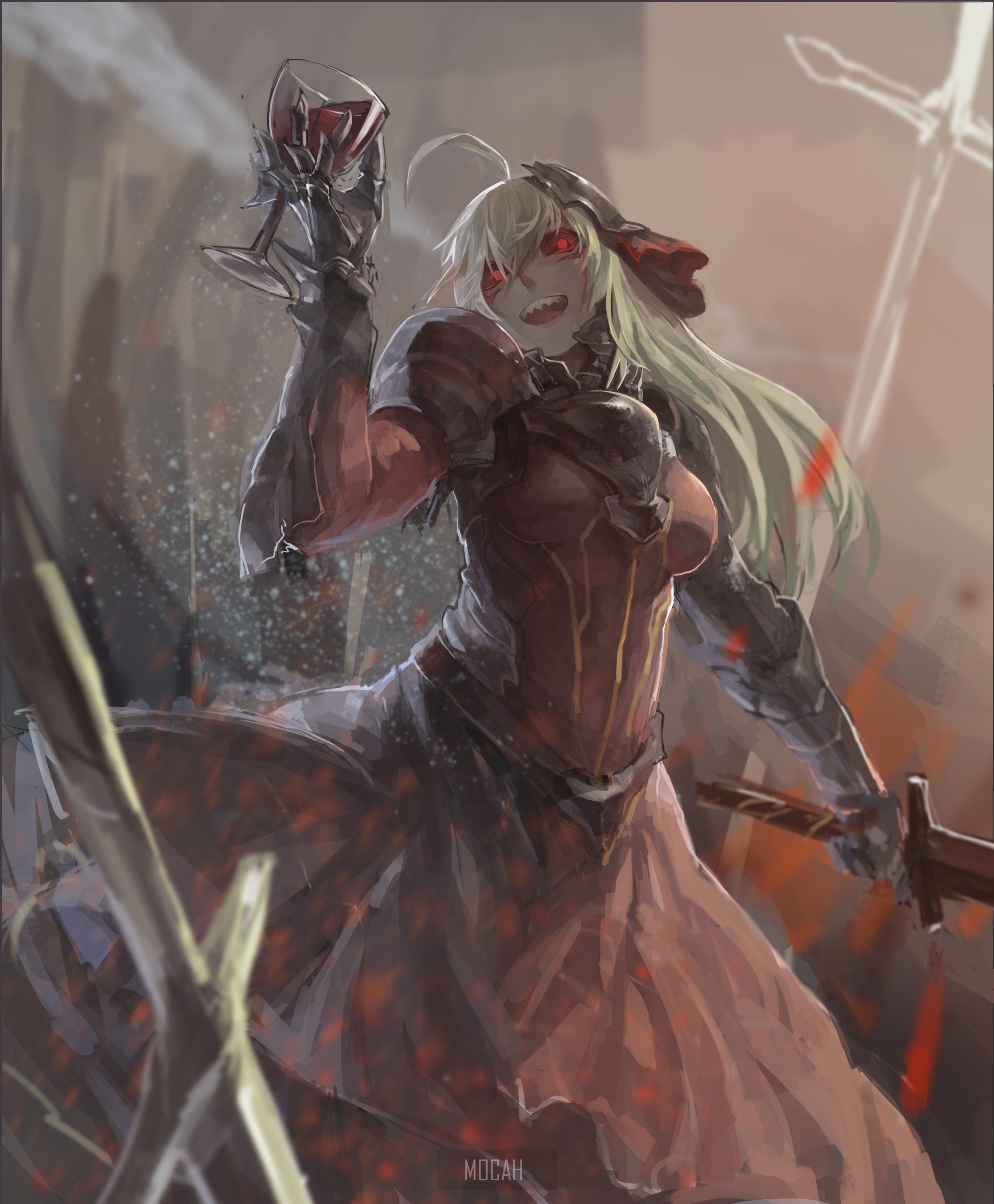 Anime girl with red eyes holding a goblet HD Phone Wallpaper