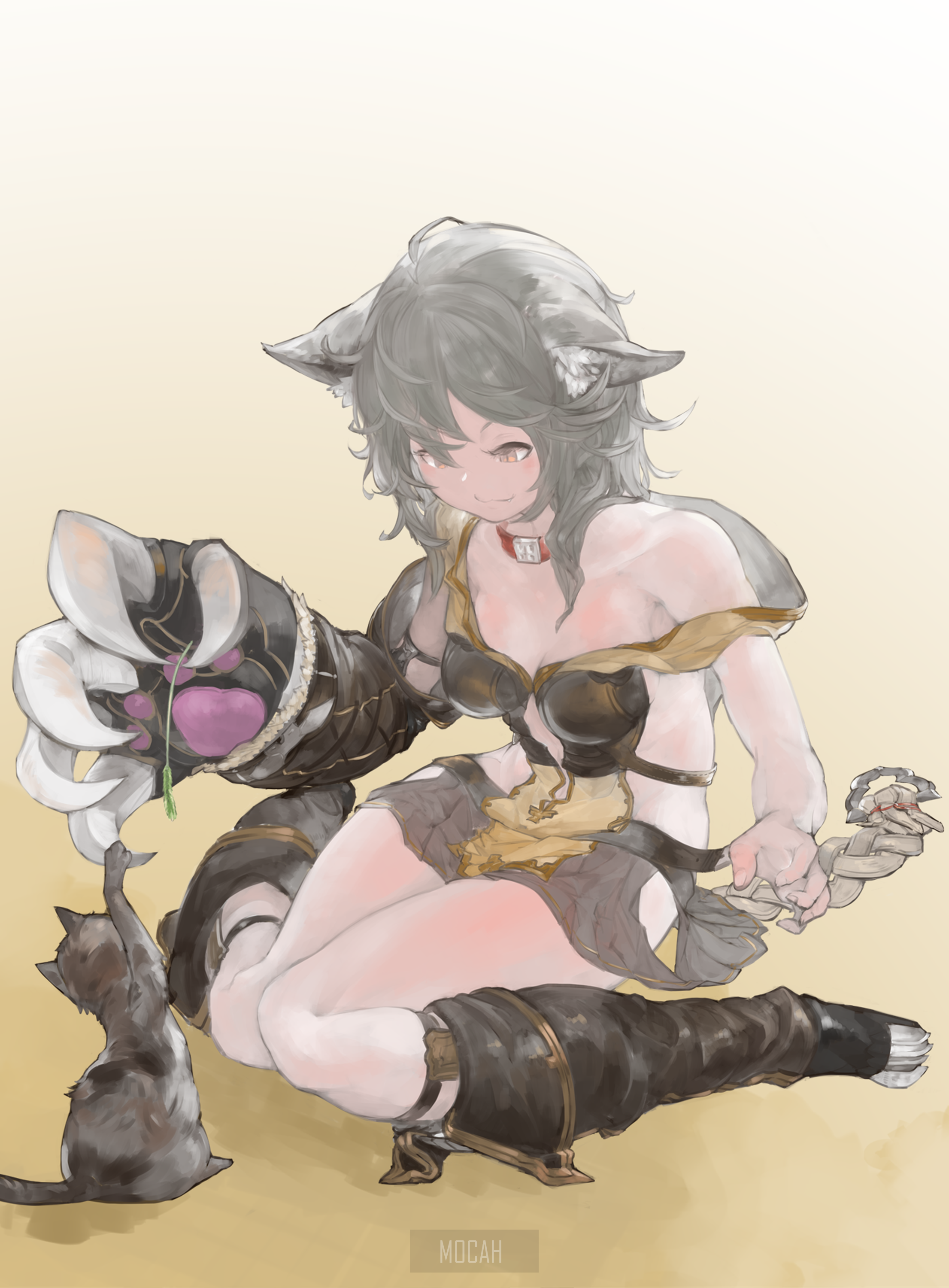 Cat-girl character with large gauntlet and cats HD Phone Wallpaper