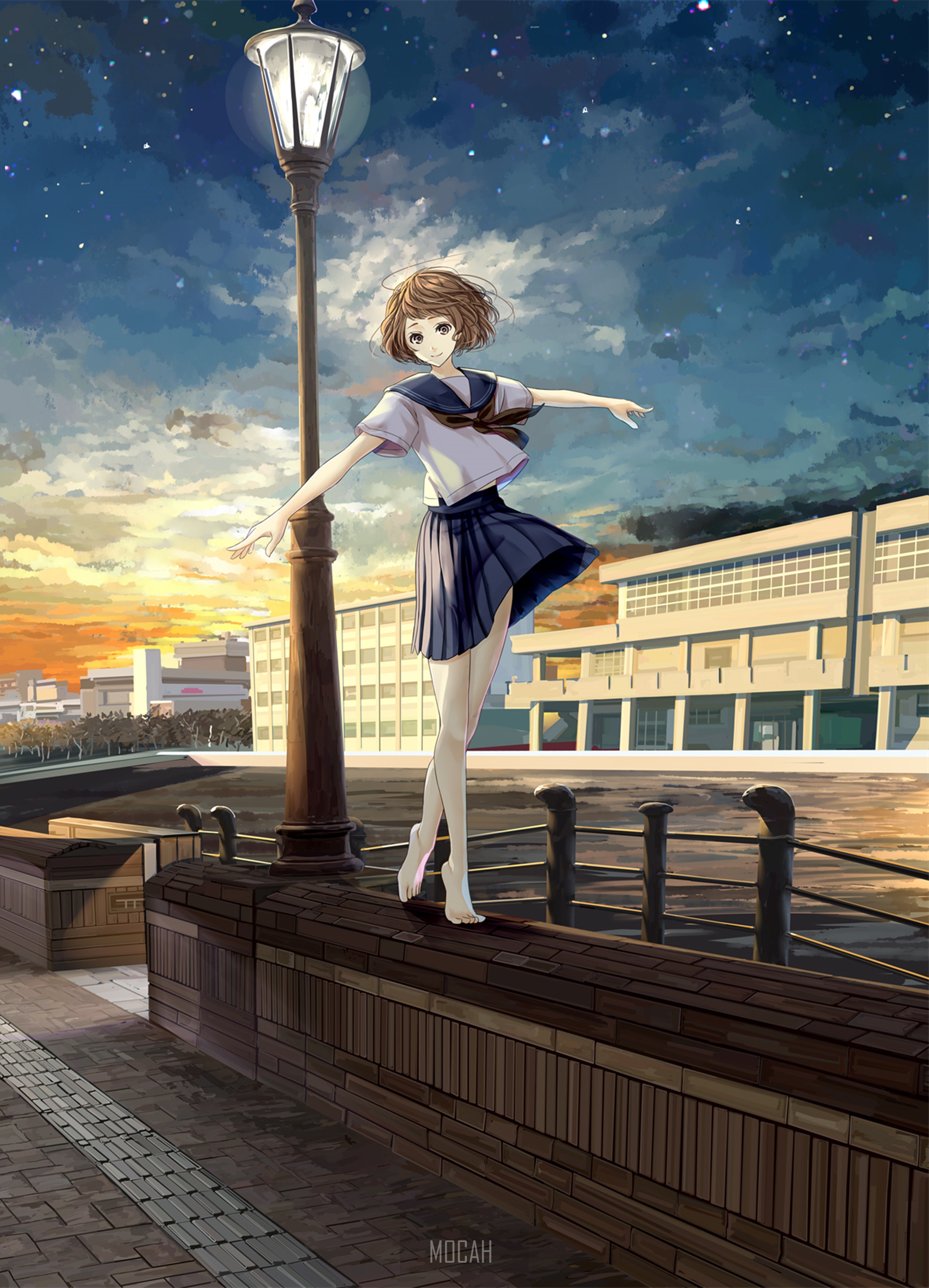 Anime girl in school uniform balancing outdoors HD Phone Wallpaper