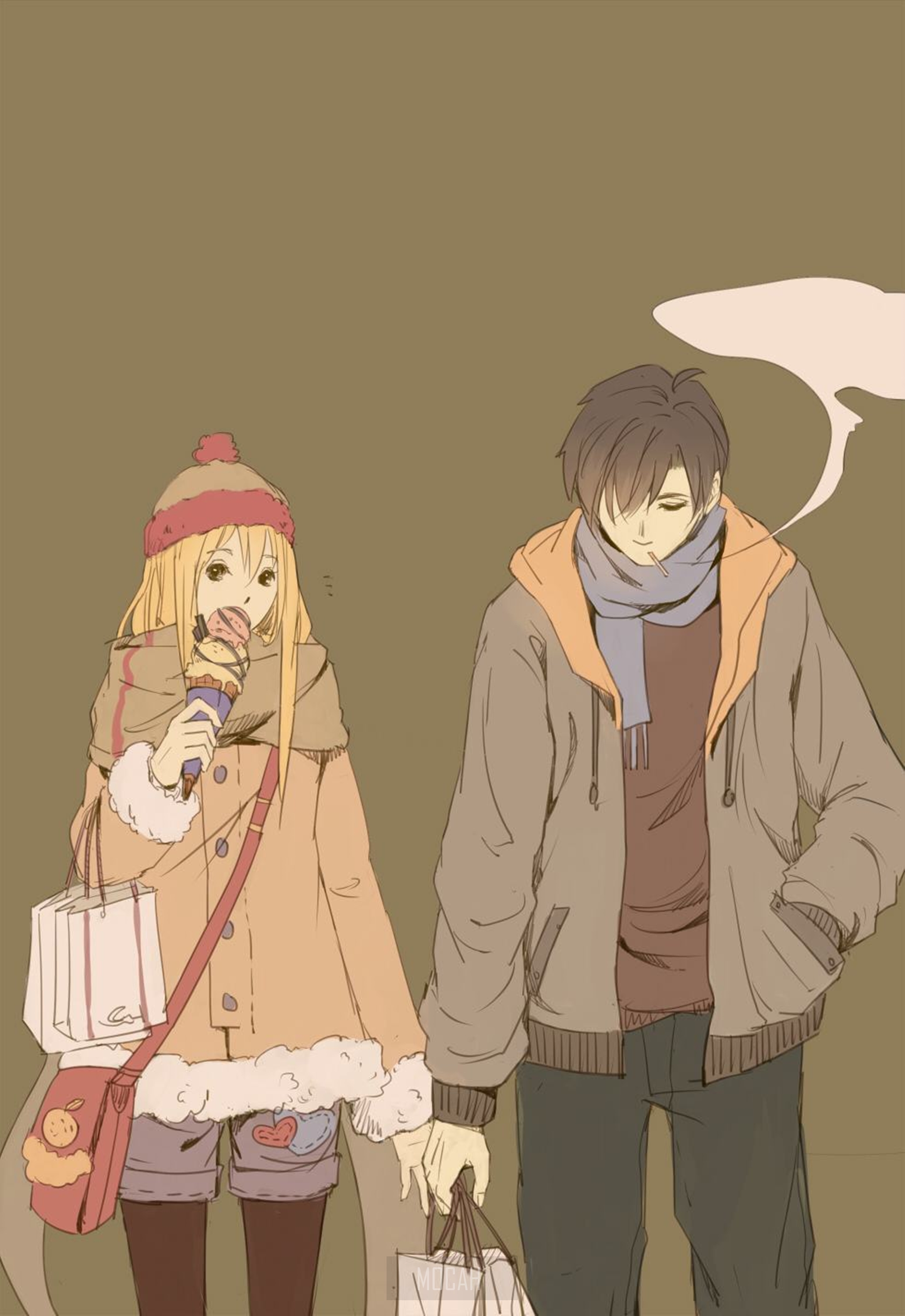 Anime couple holding hands and eating ice cream HD Phone Wallpaper