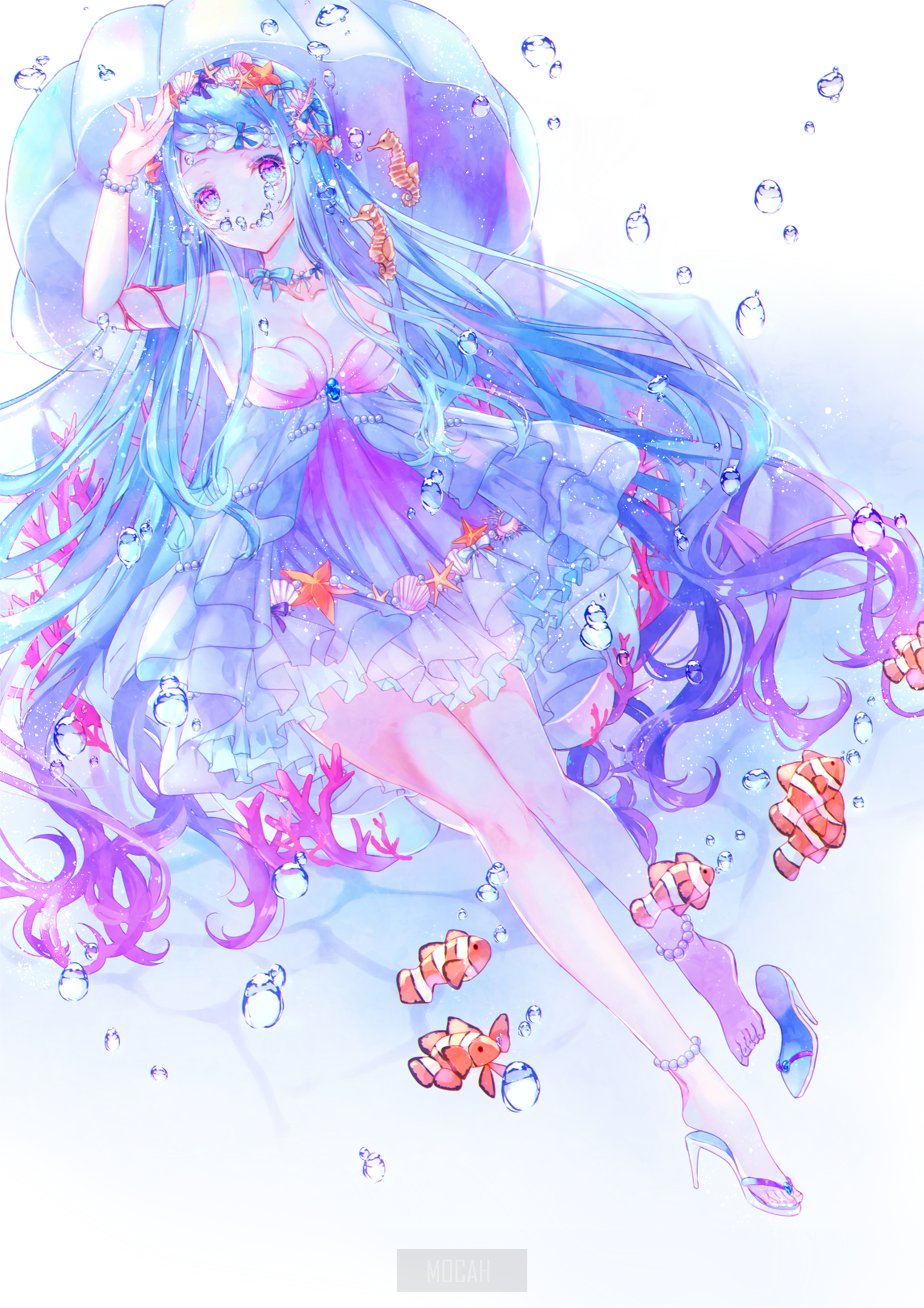 Anime girl with blue hair underwater with fish HD Phone Wallpaper