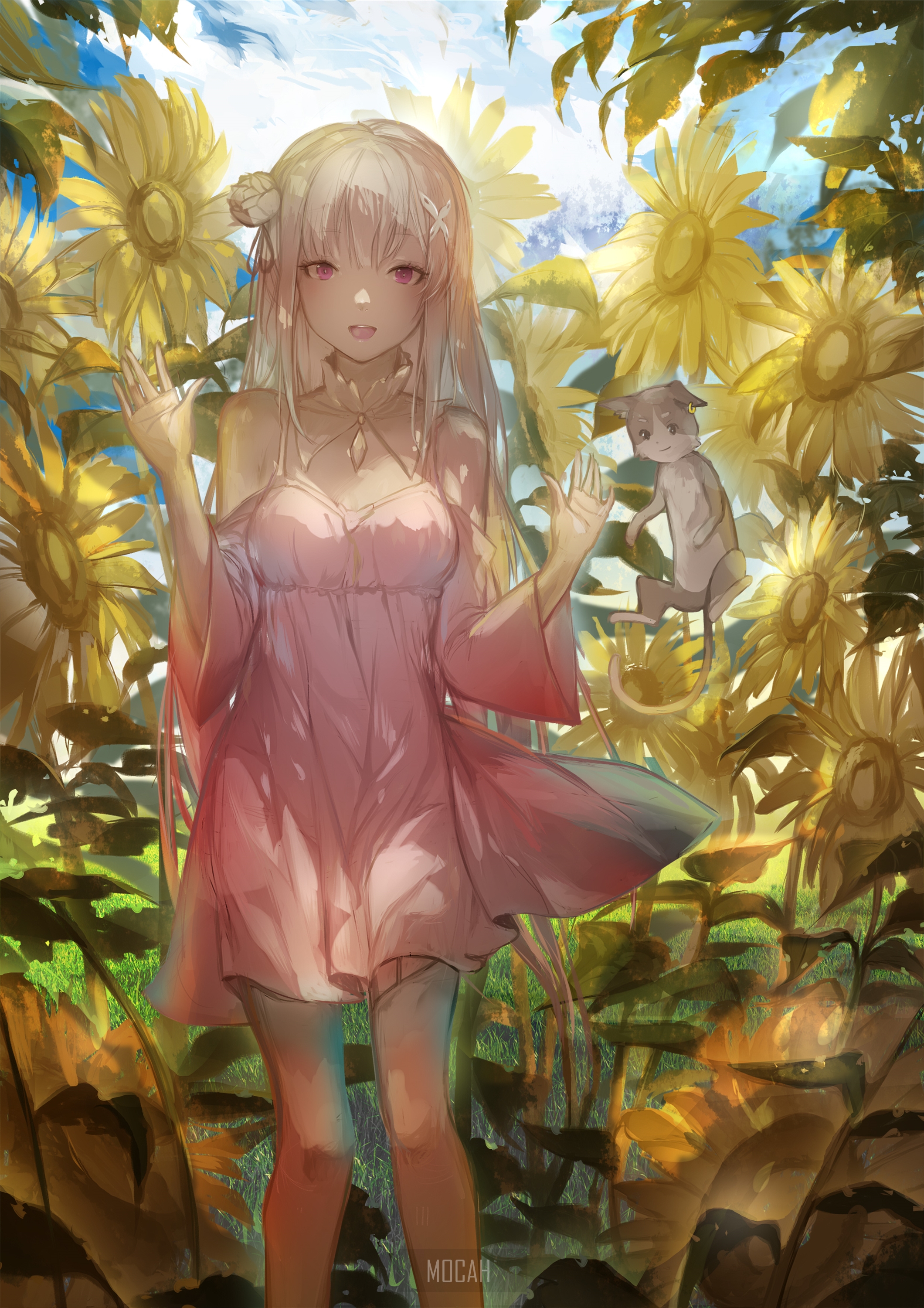 Emilia and Puck from Re:Zero in a sunflower field HD Phone Wallpaper