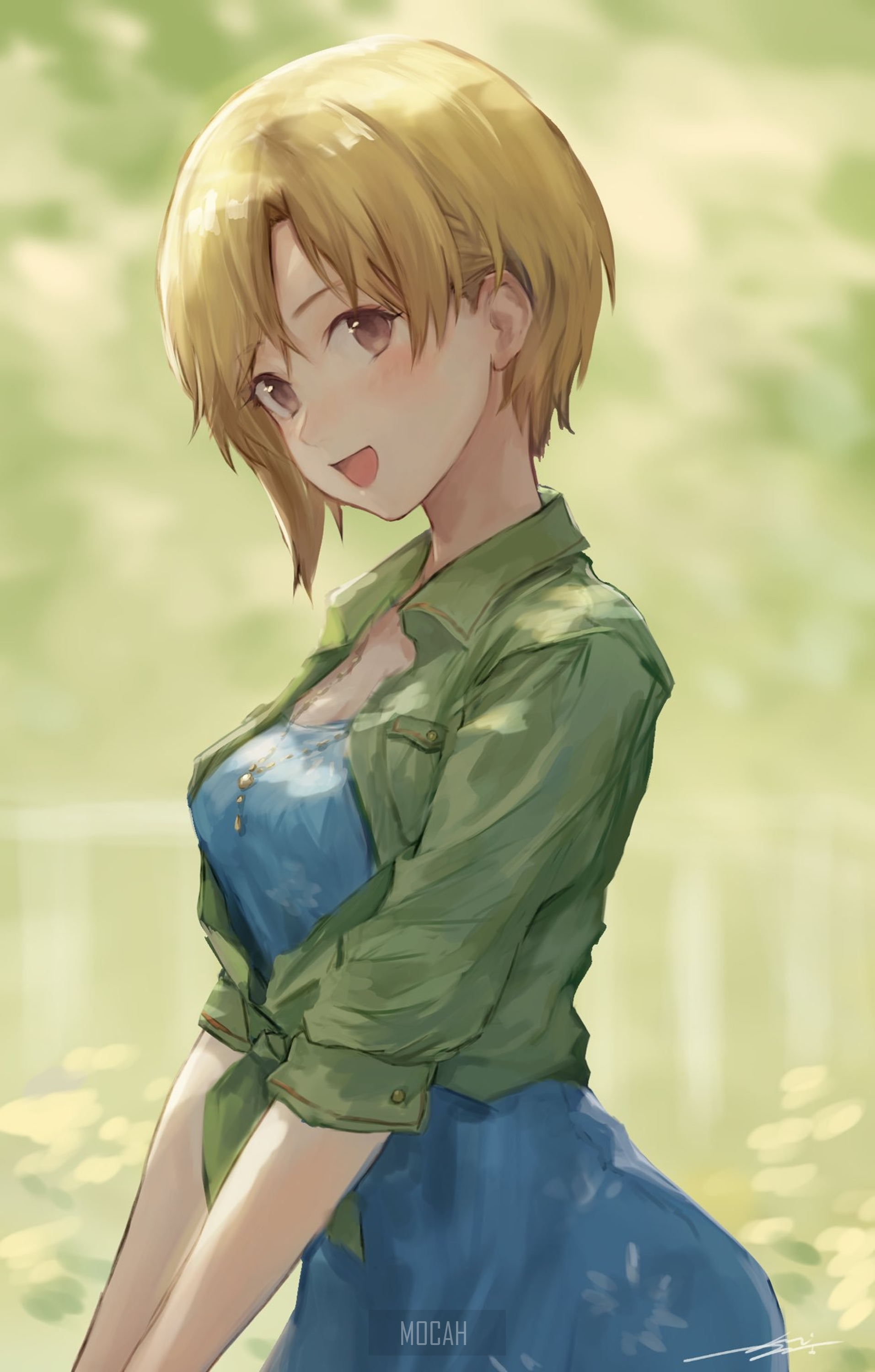 Anime girl with blonde hair in a blue dress HD Phone Wallpaper