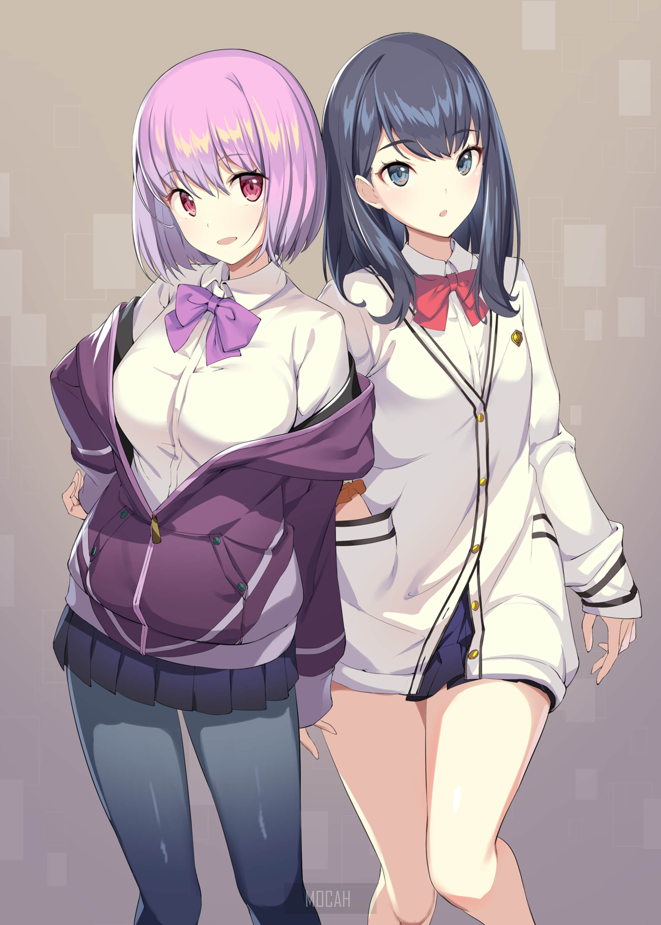 Two anime girls with pink and blue hair HD Phone Wallpaper