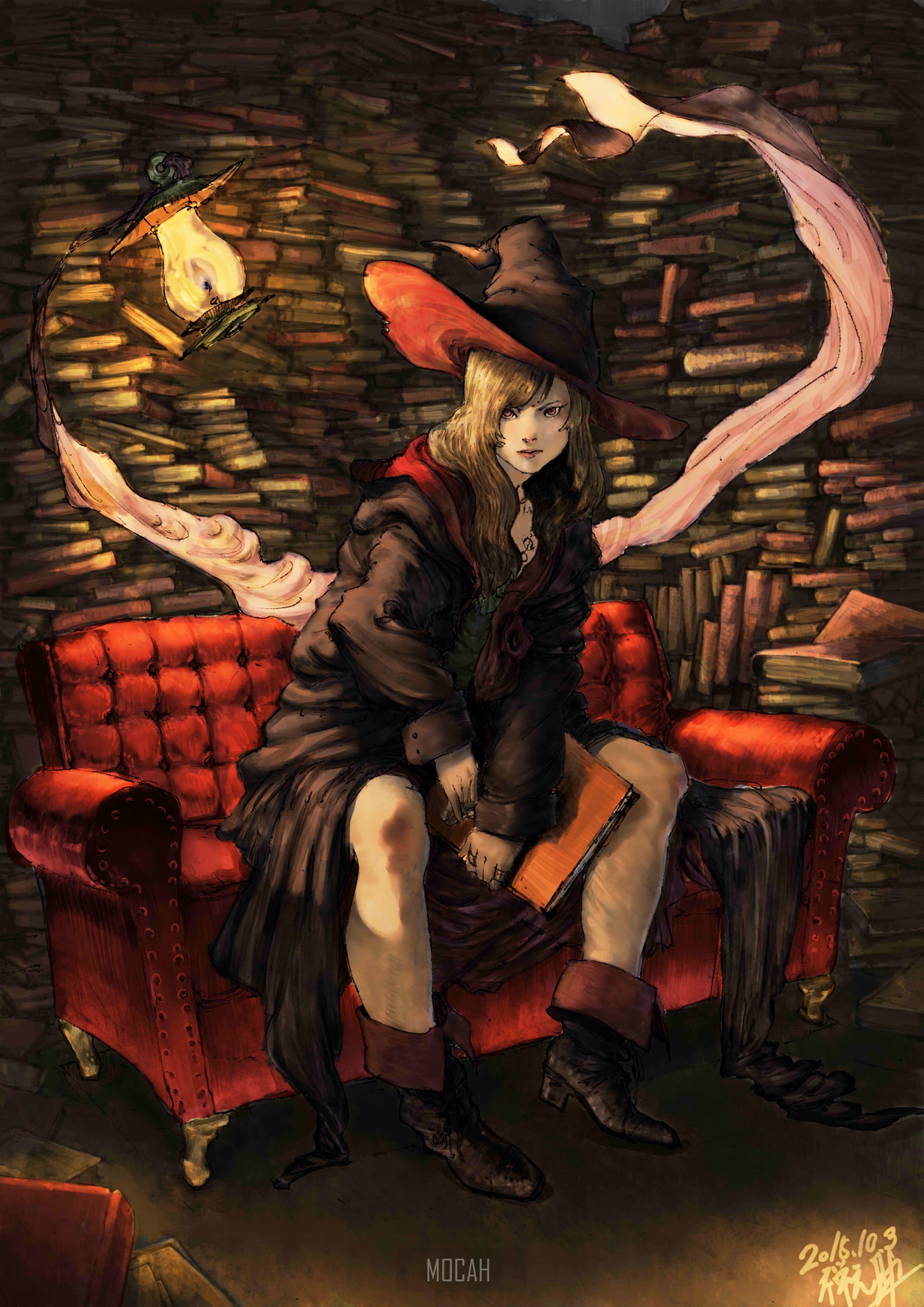 Anime witch girl sitting on a couch surrounded by books HD Phone Wallpaper