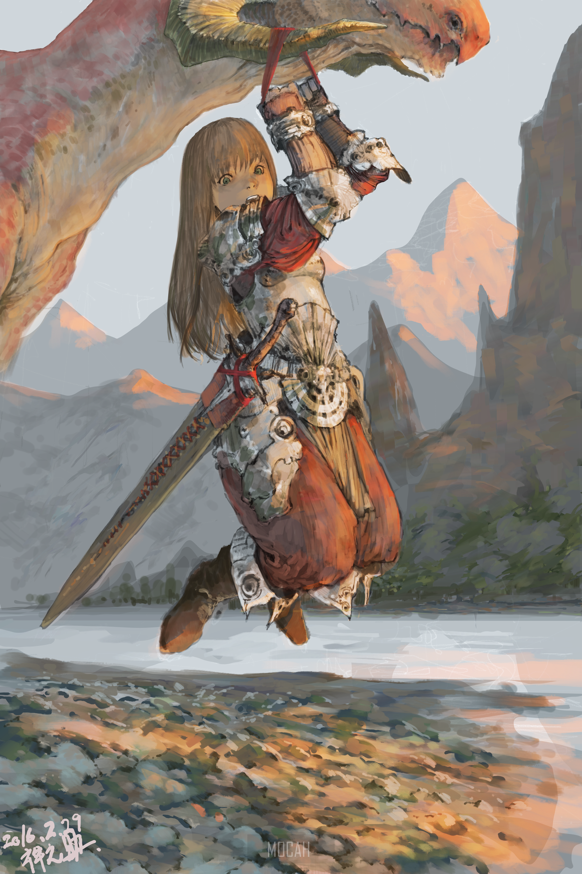 Anime girl with sword hanging from dragon HD Phone Wallpaper