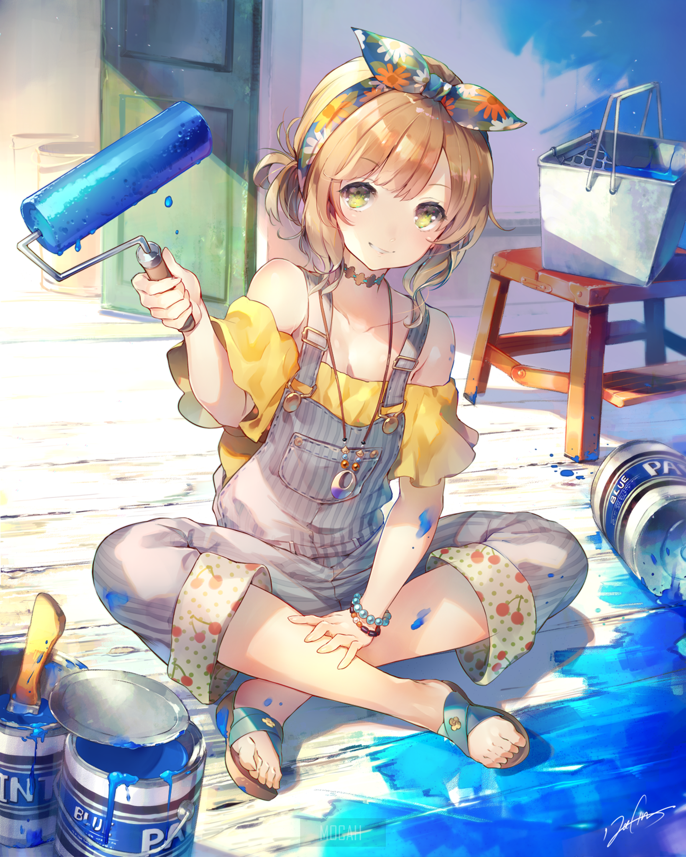 Anime girl painting with blue paint HD Phone Wallpaper