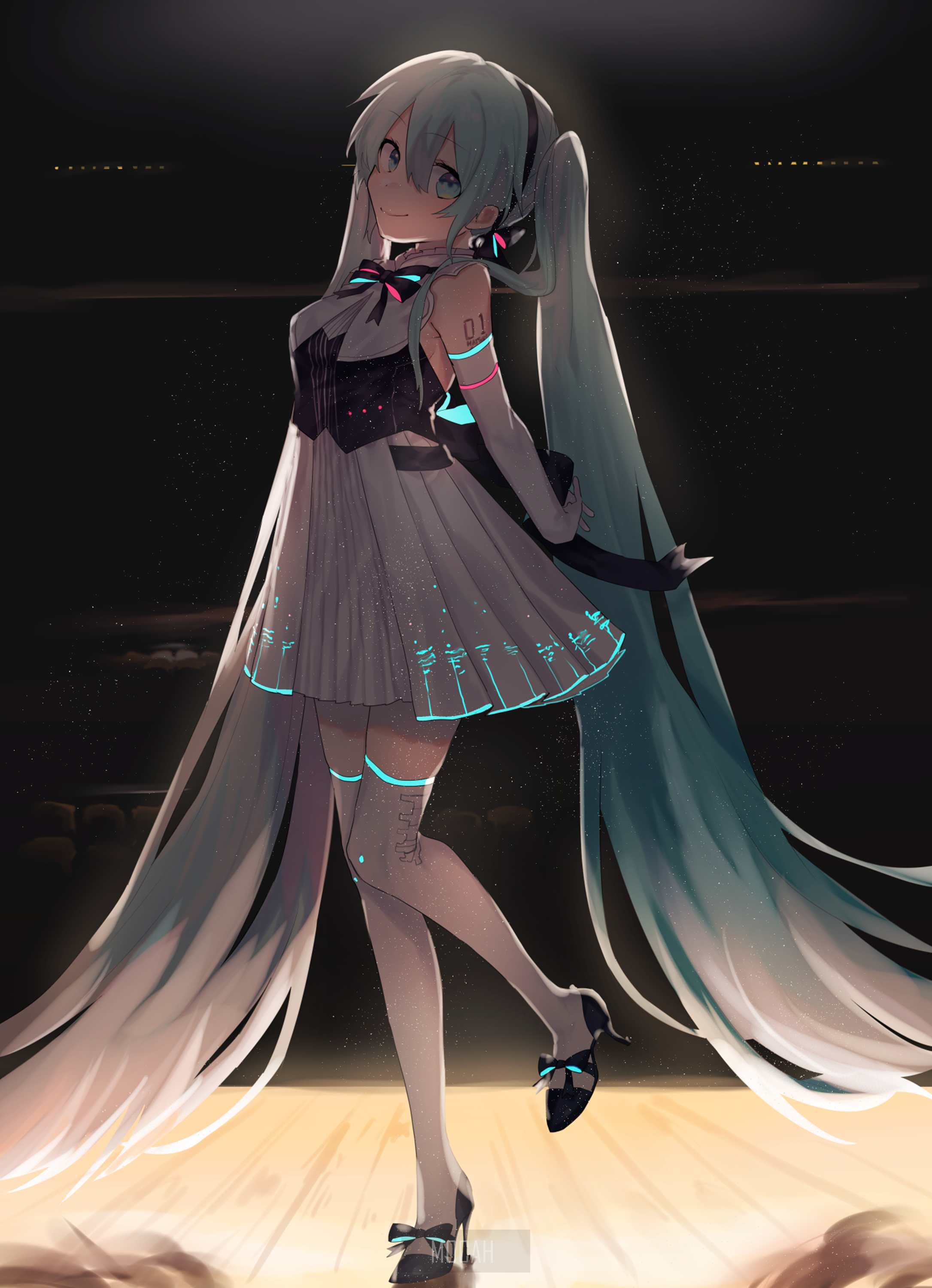 Hatsune Miku in a white dress with glowing accents HD Phone Wallpaper
