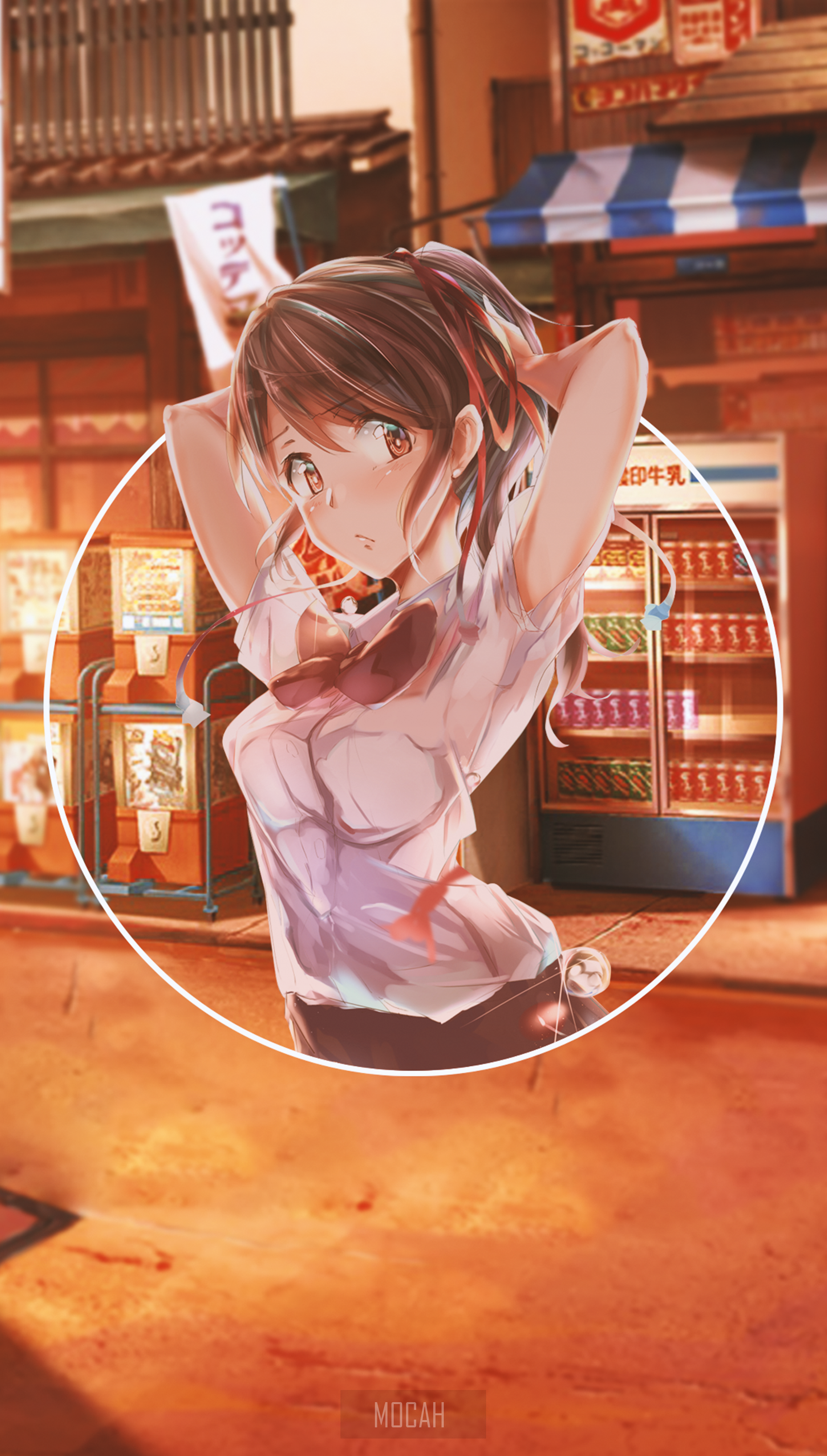 Anime girl in a white shirt in a Japanese street HD Phone Wallpaper