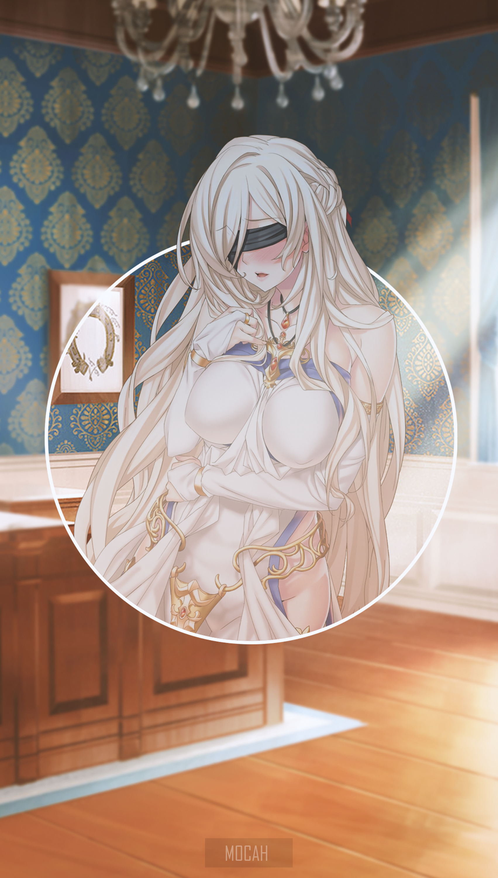 Anime girl with blindfold in white dress HD Phone Wallpaper