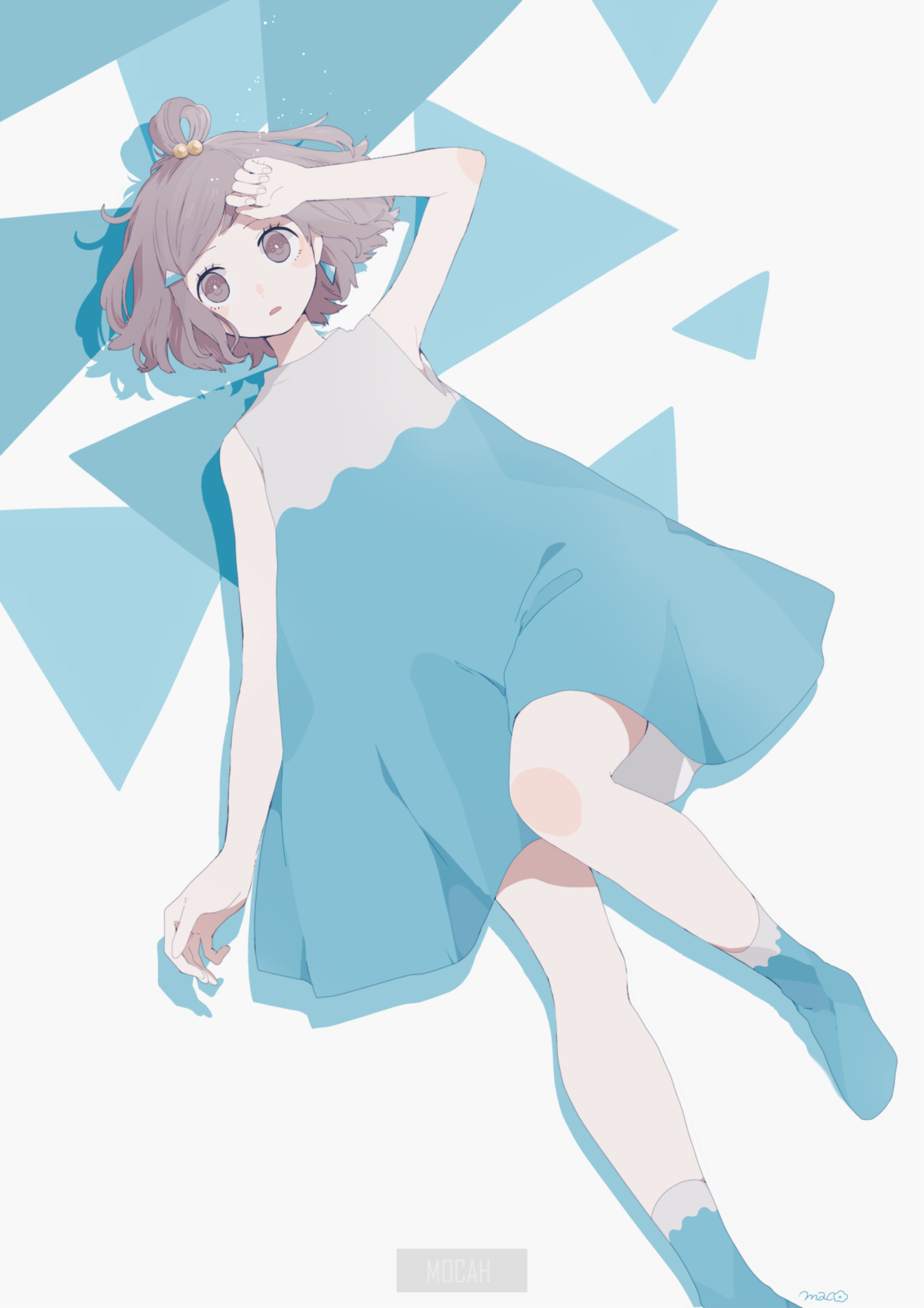 Anime girl with short brown hair and blue dress HD Phone Wallpaper