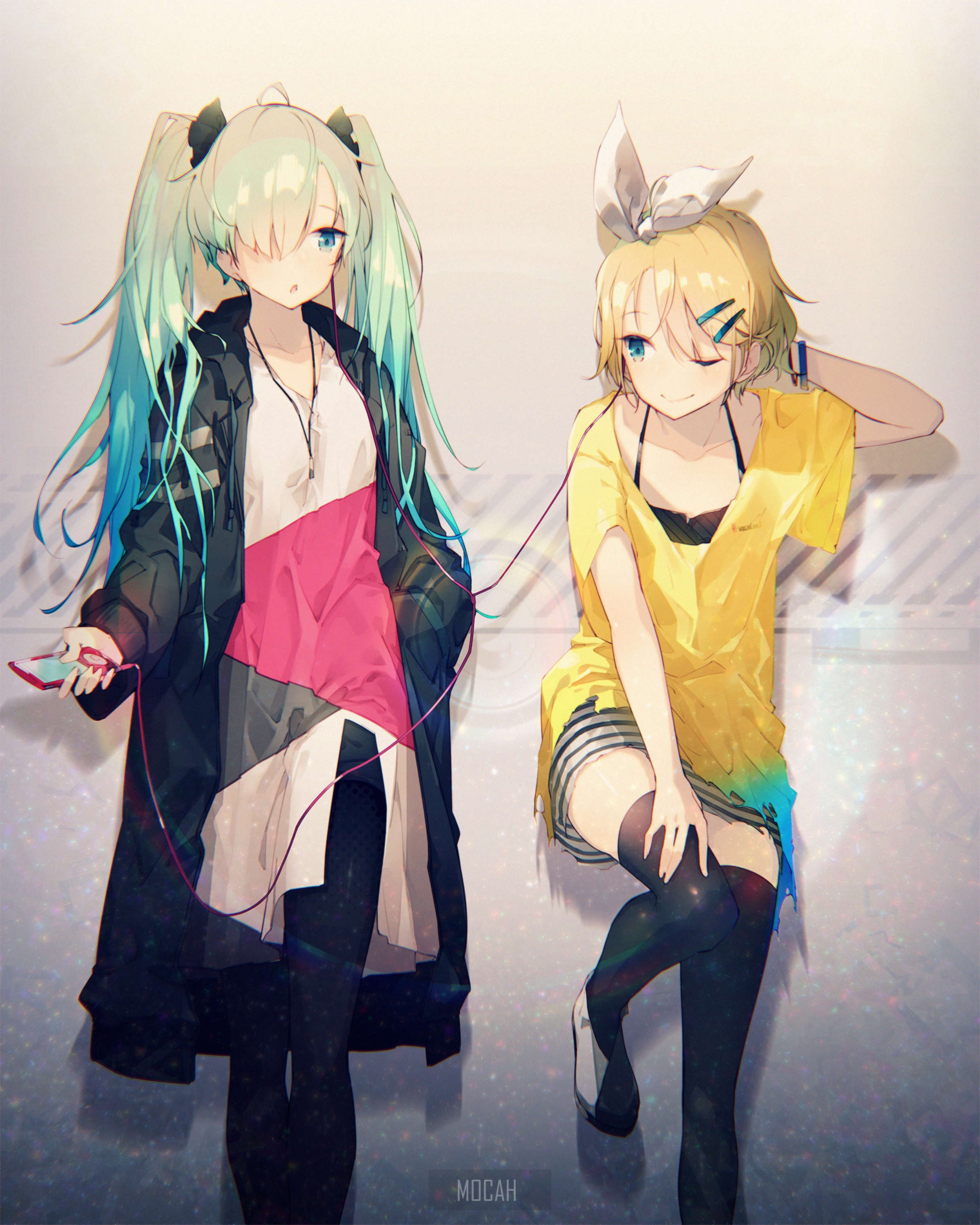 Two anime girls with headphones sharing music HD Phone Wallpaper