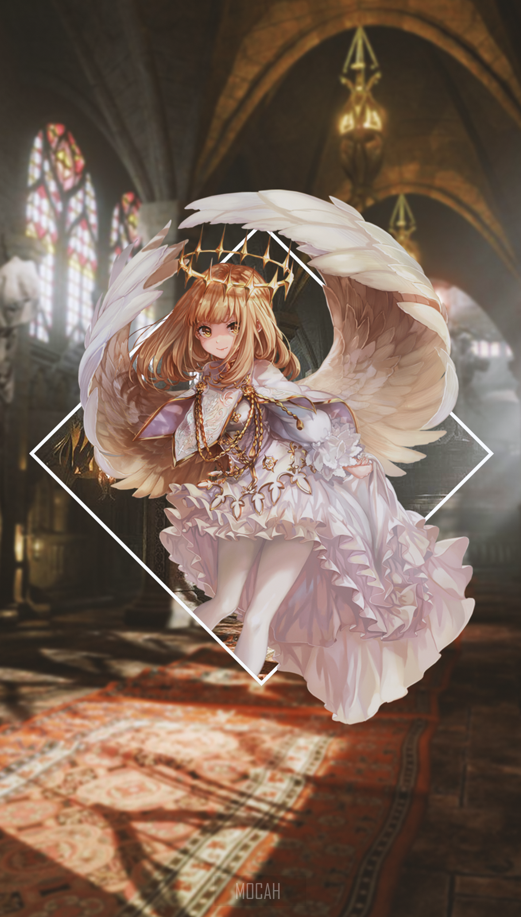 Anime angel girl with wings in a church HD Phone Wallpaper
