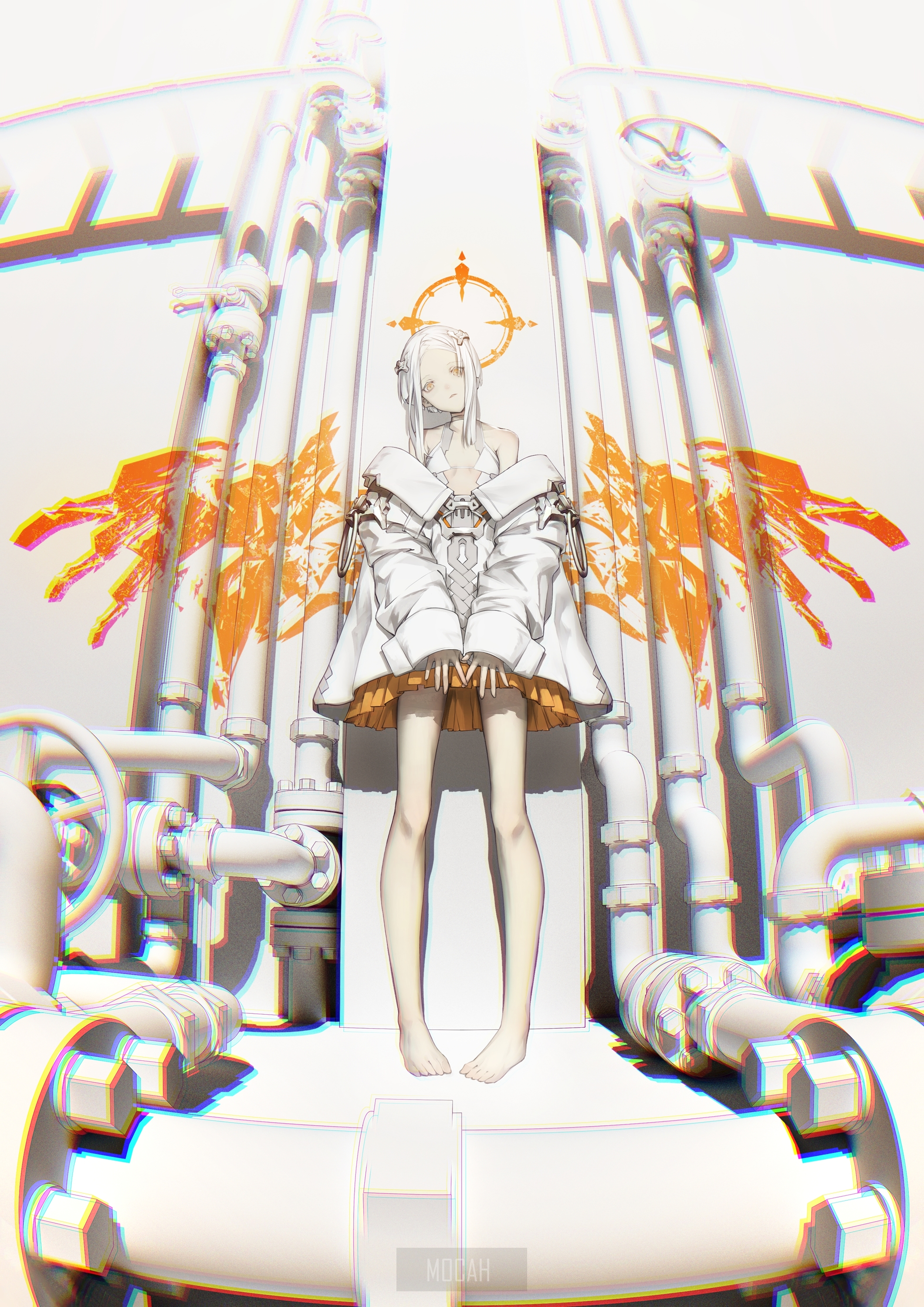 Anime girl with orange wings and pipes HD Phone Wallpaper